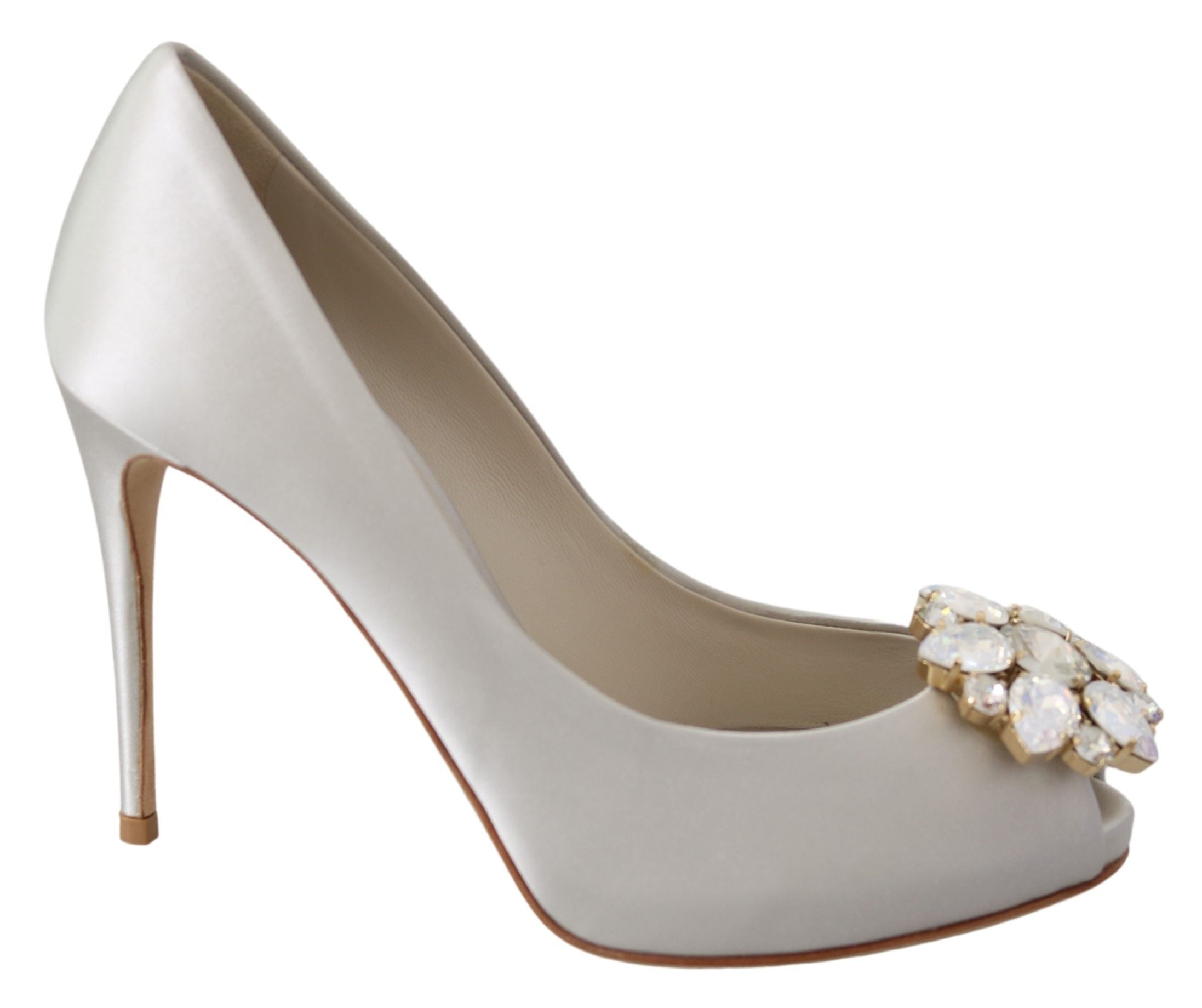 Dolce & Gabbana White Crystal Peep Toe Silk Blend Women's Heels