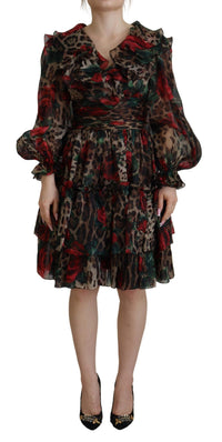 Dolce & Gabbana Silk Leopard Print & Red Roses Women's Dress1