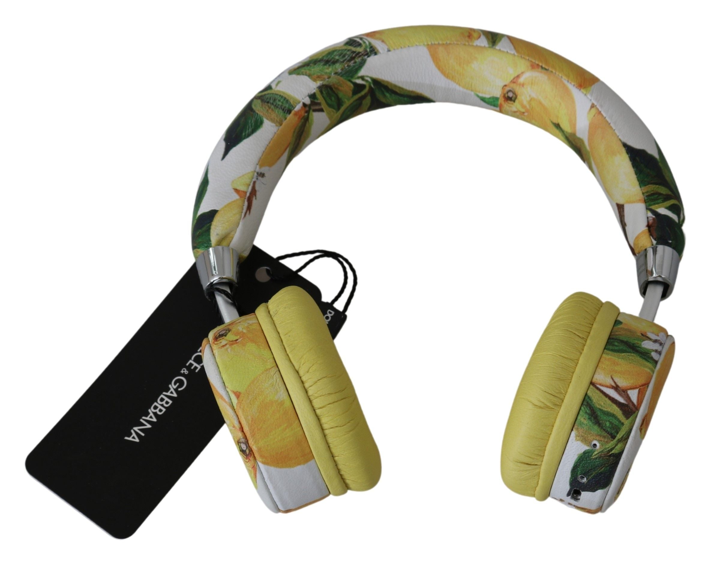 Dolce & Gabbana Chic White Leather Headphones with Yellow Women's Print