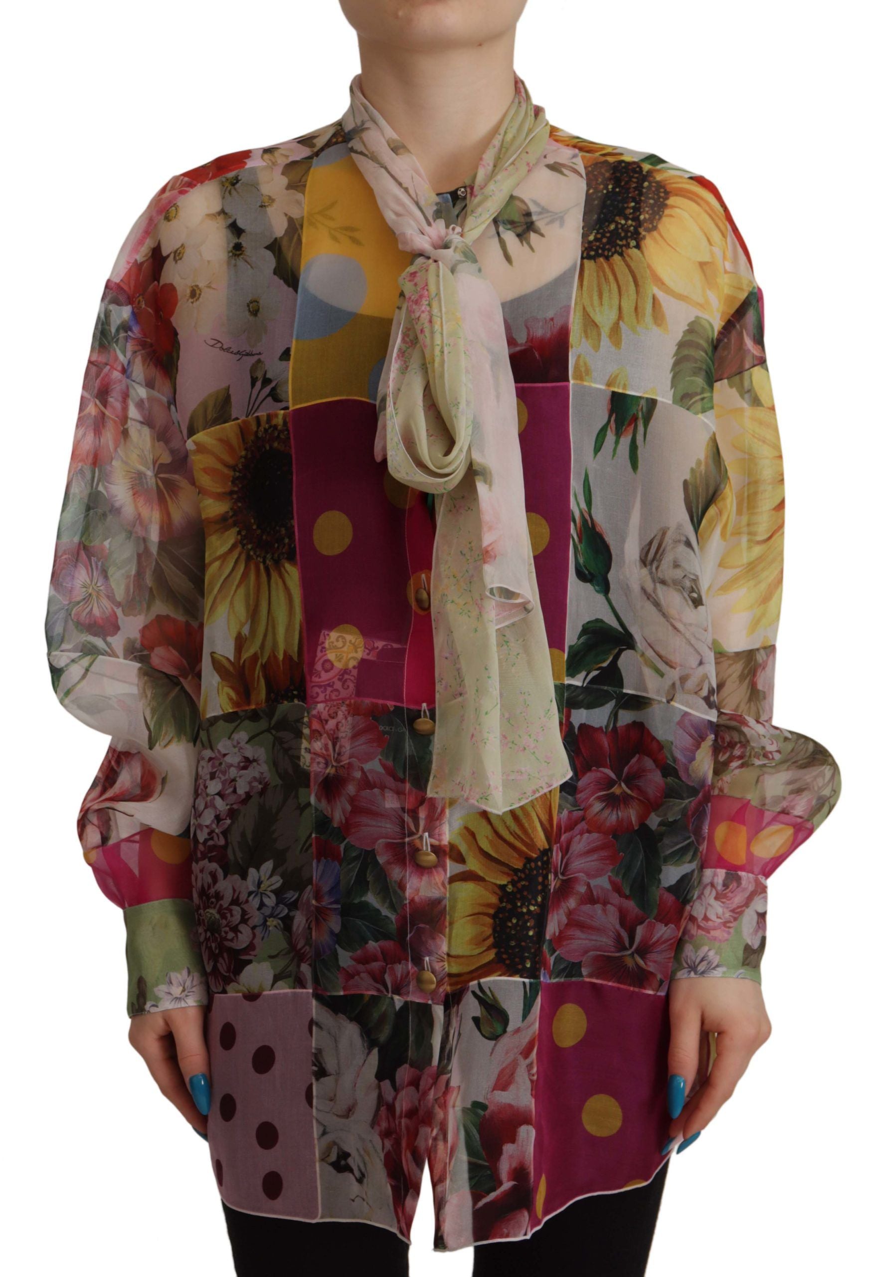 Dolce & Gabbana Multicolor Silk Ascot Collar Women's Blouse