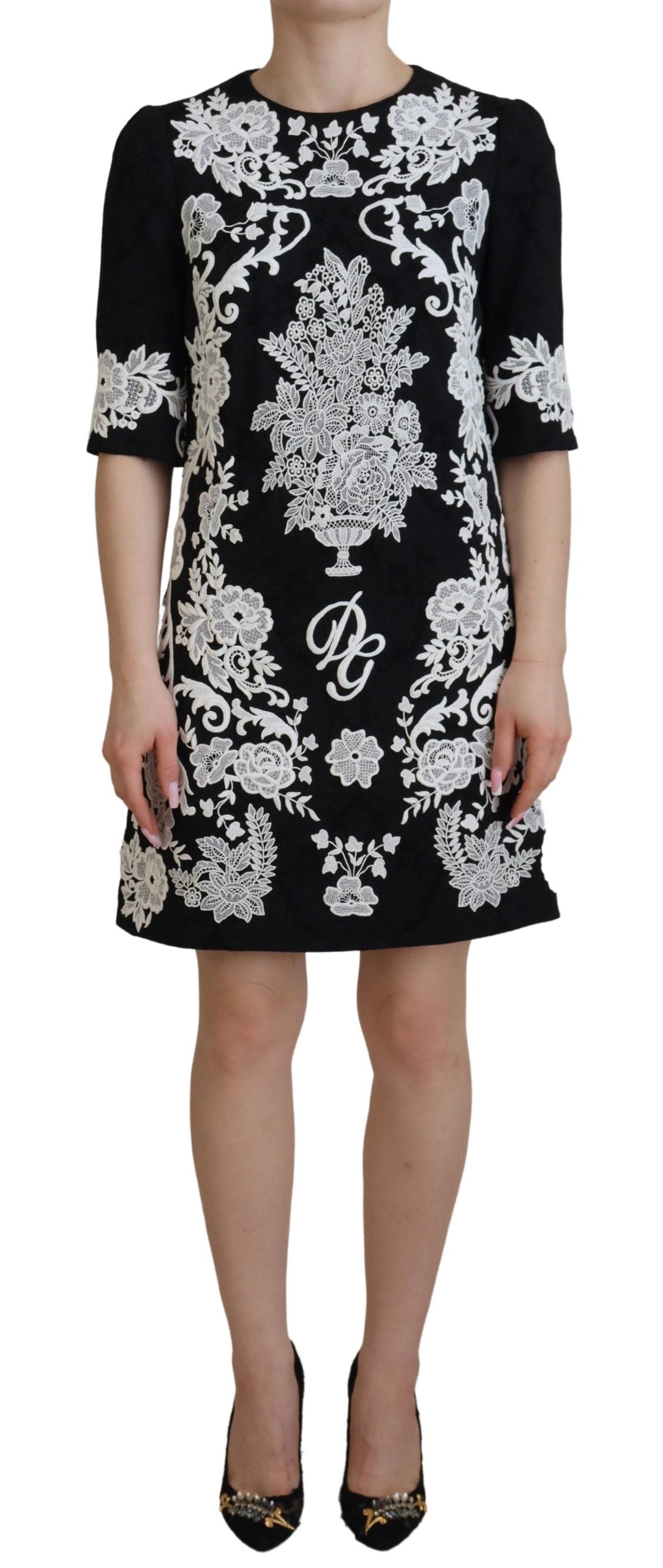 Dolce & Gabbana Elegant Black A-Line Mini Dress with Lace Women's Trim