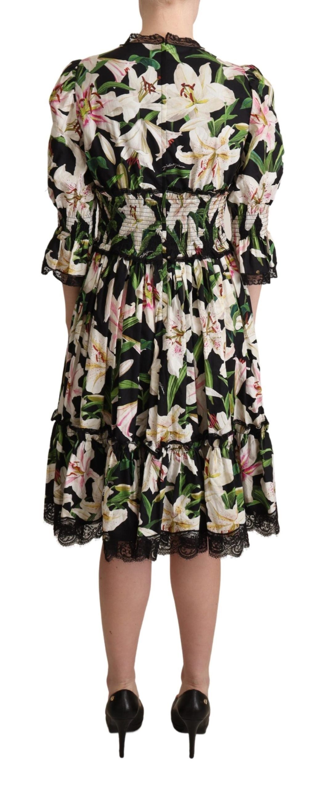 Dolce & Gabbana Elegant Lily Print Midi Dress with Lace Women's Trim