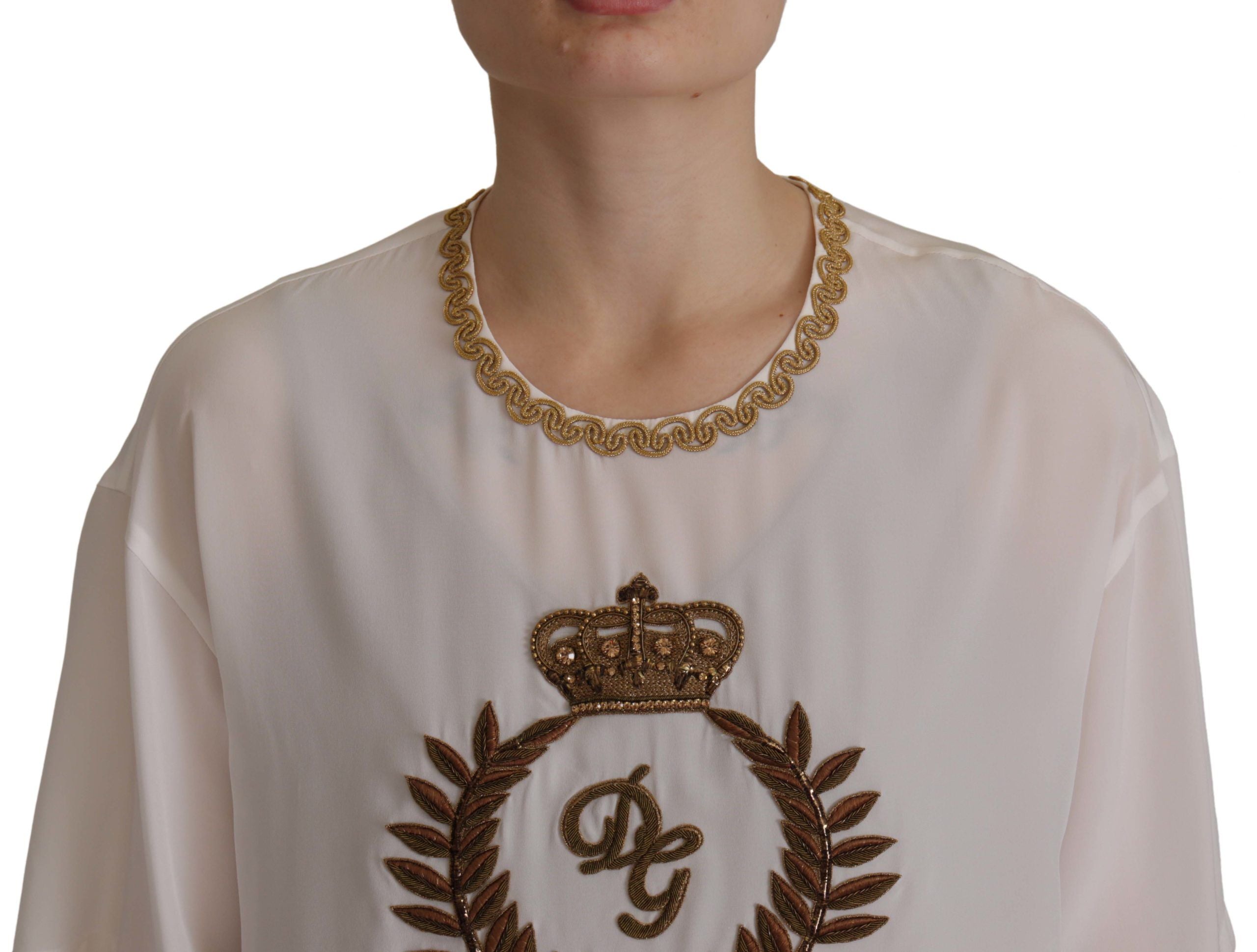 Dolce & Gabbana Elegant Silk Blouse with Gold Crown Women's Embroidery