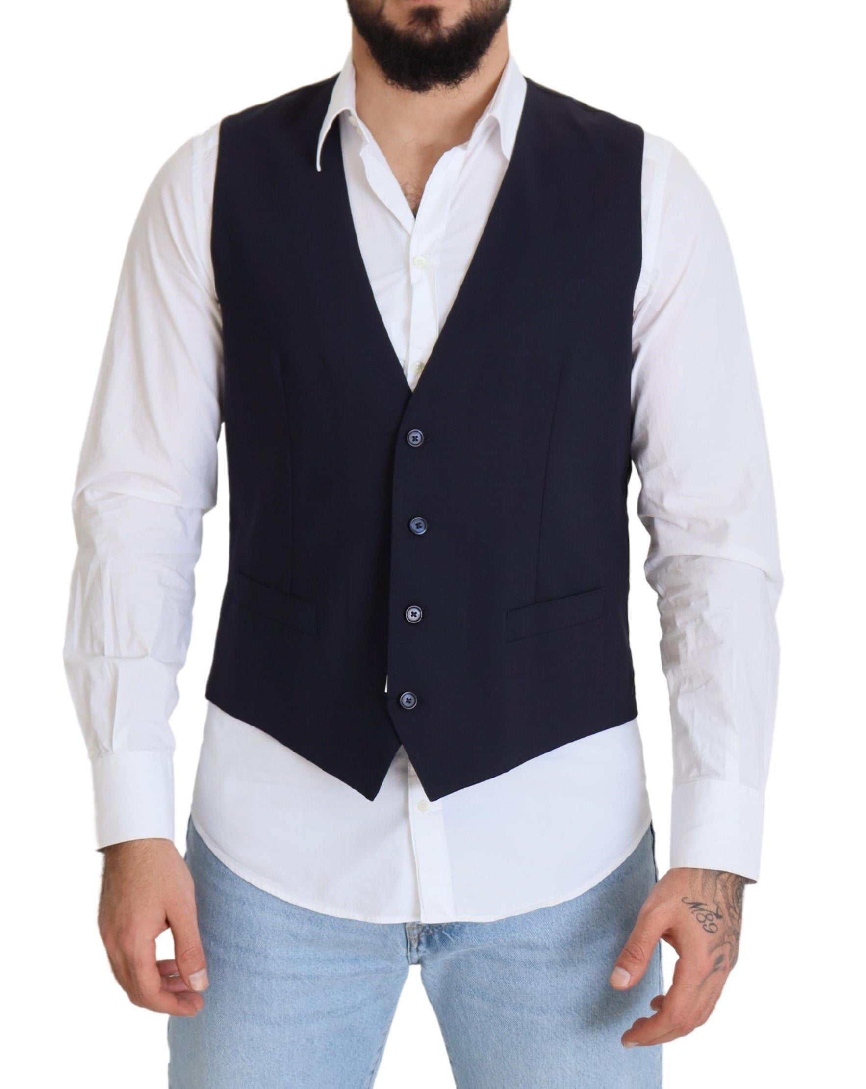 Dolce & Gabbana Dark Blue Wool Stretch Waistcoat Formal Men's Vest1