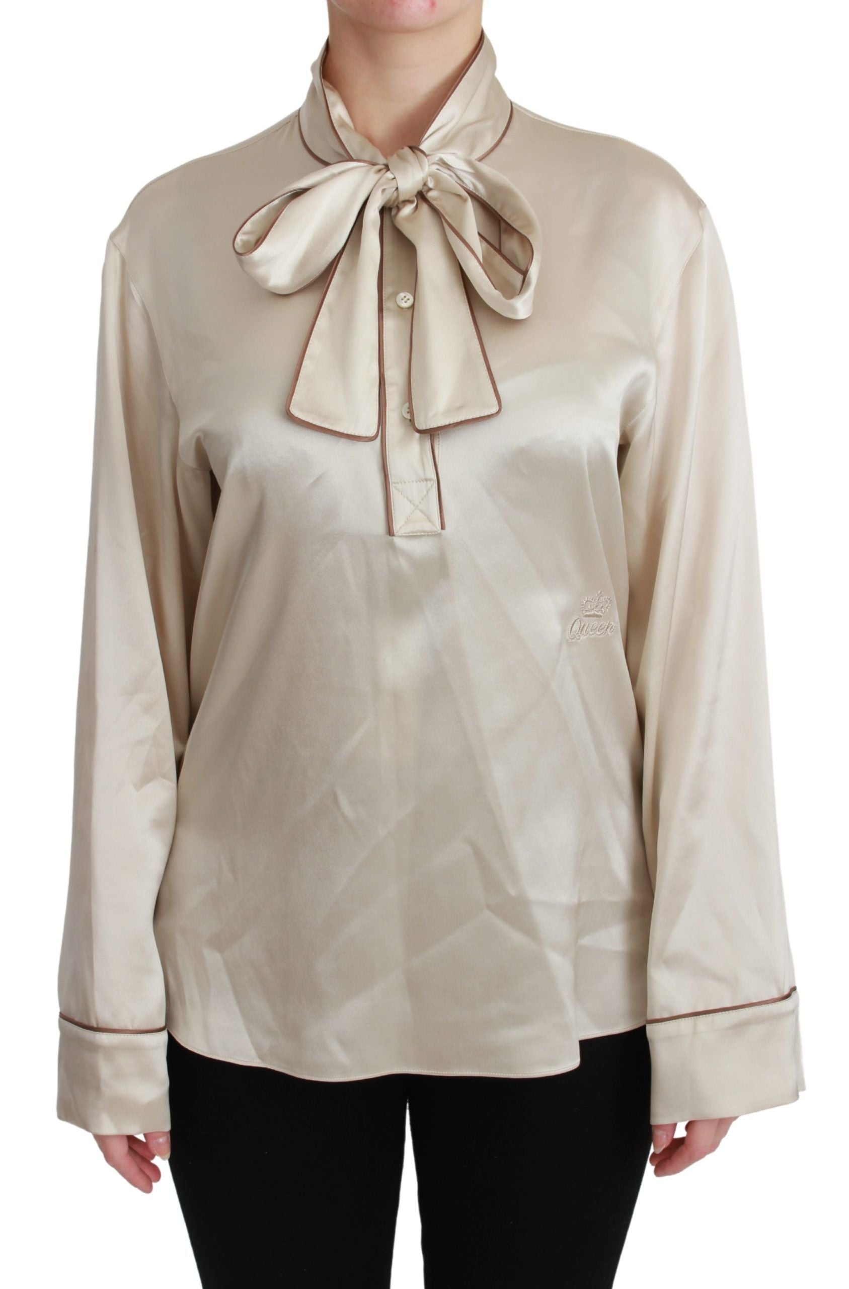 Dolce & Gabbana Elegant Beige Silk Satin Blouse with QUEEN Women's Embroidery