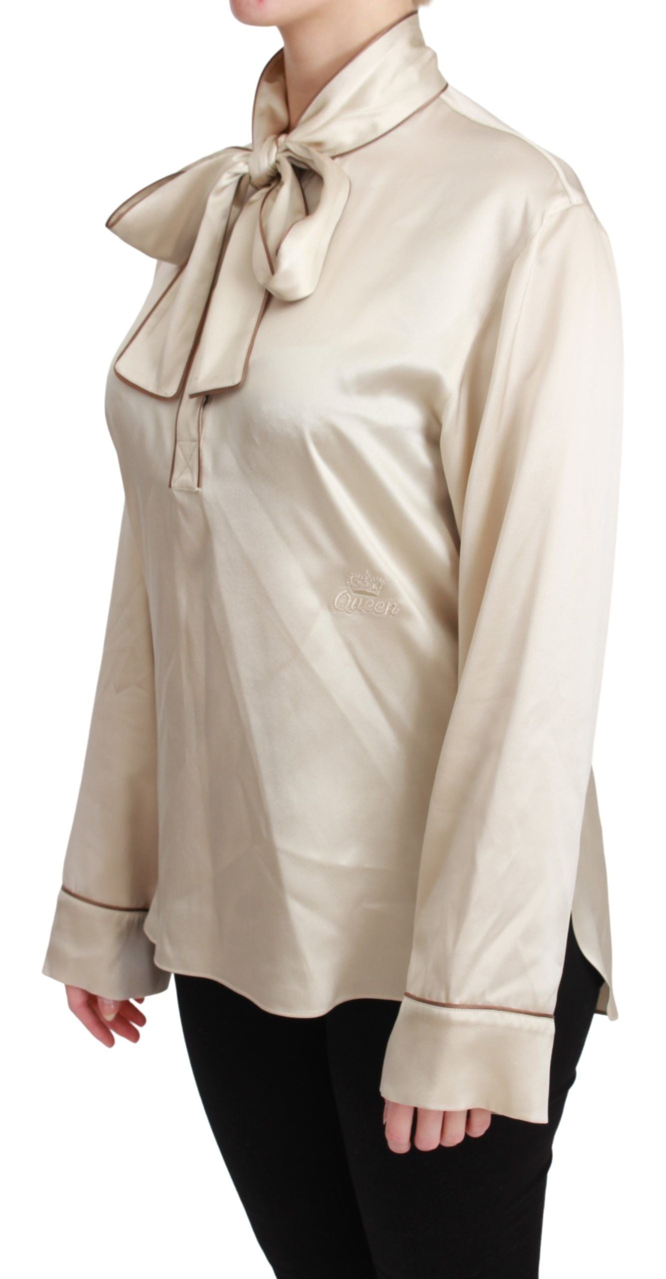 Dolce & Gabbana Elegant Beige Silk Satin Blouse with QUEEN Women's Embroidery