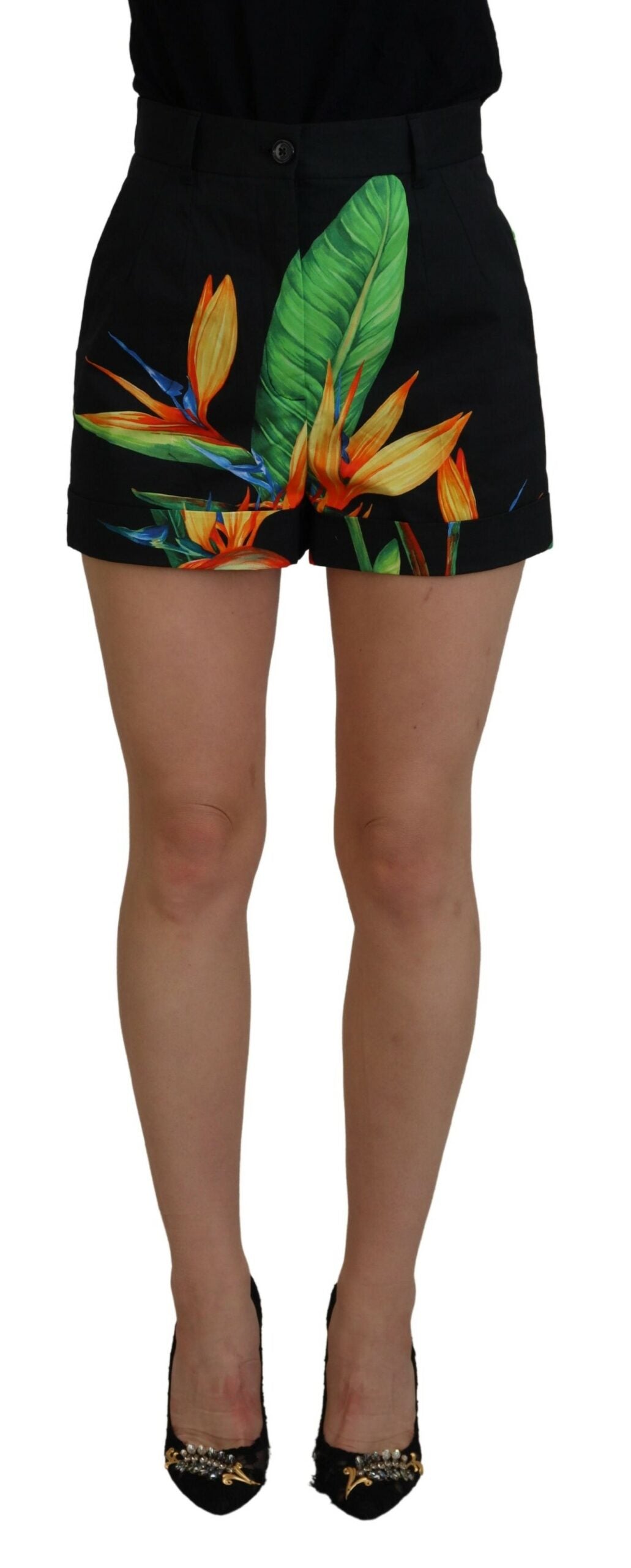 Dolce & Gabbana High Waist Hot Pants Shorts in Black Leaves Women's Print