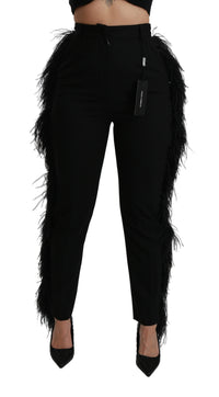 Dolce & Gabbana Black Feather Straight High Waist Wool Women's Pants1