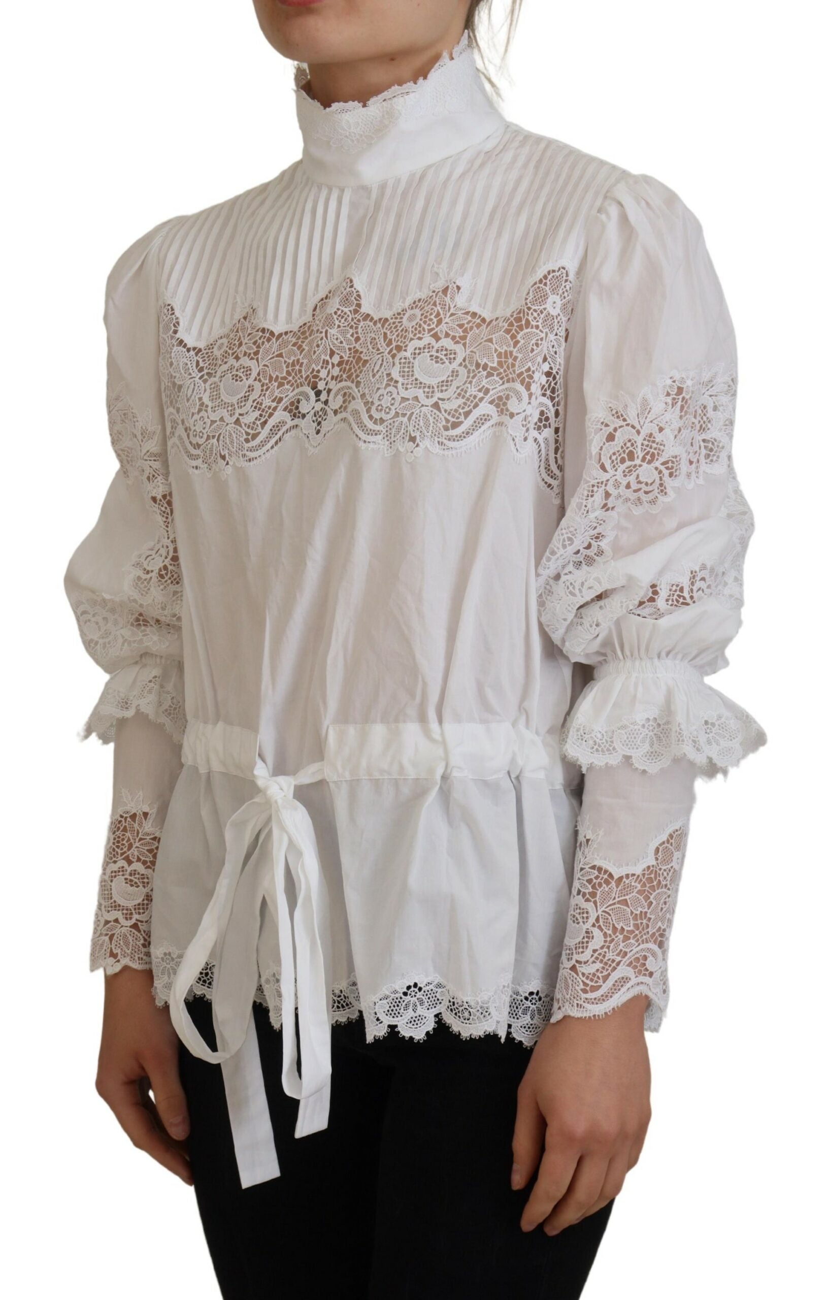 Dolce & Gabbana Elegant White Lace Trim Cotton Women's Blouse