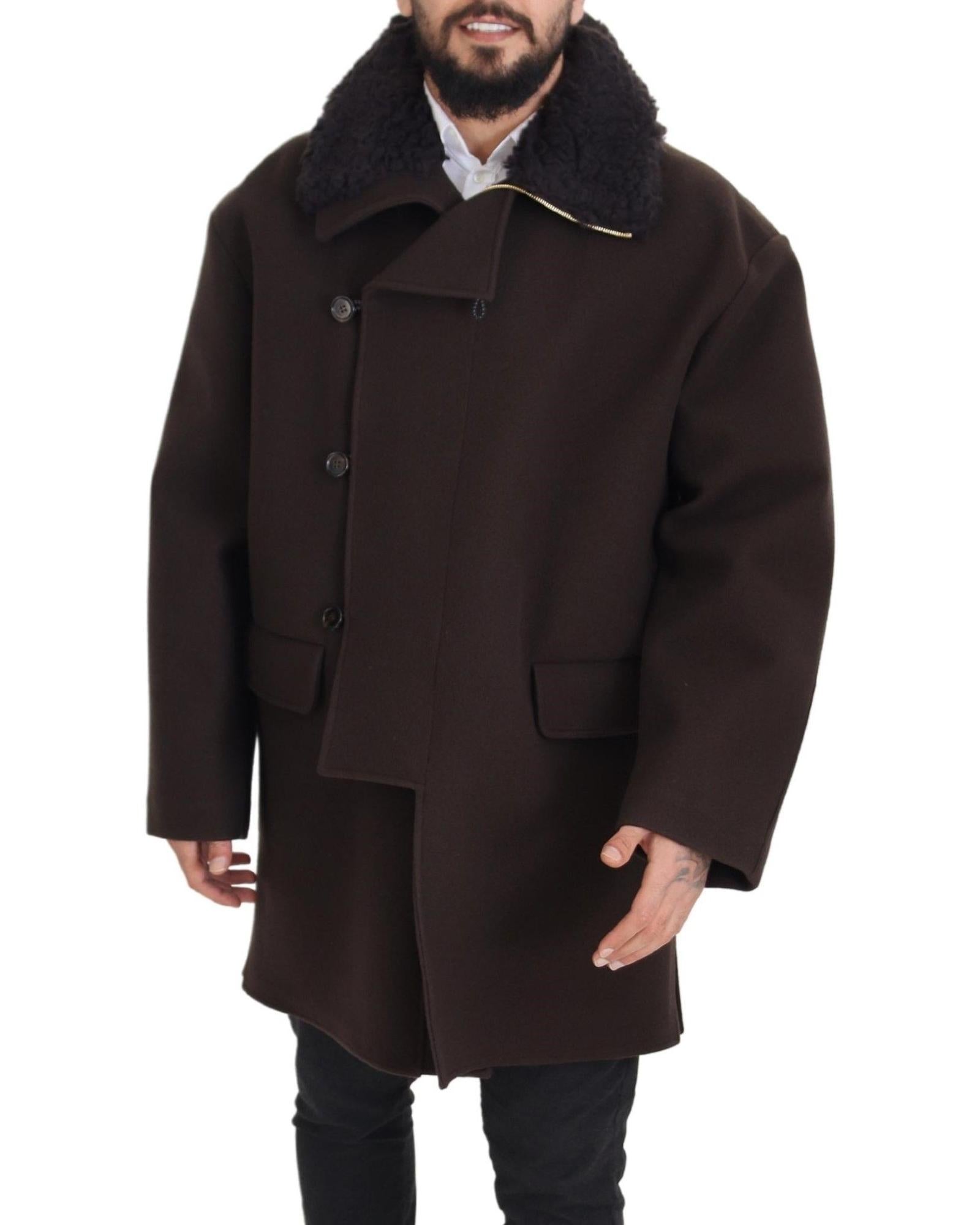 Dolce & Gabbana  Men's Brown Wool Double-Breasted Coat with Fur Collar