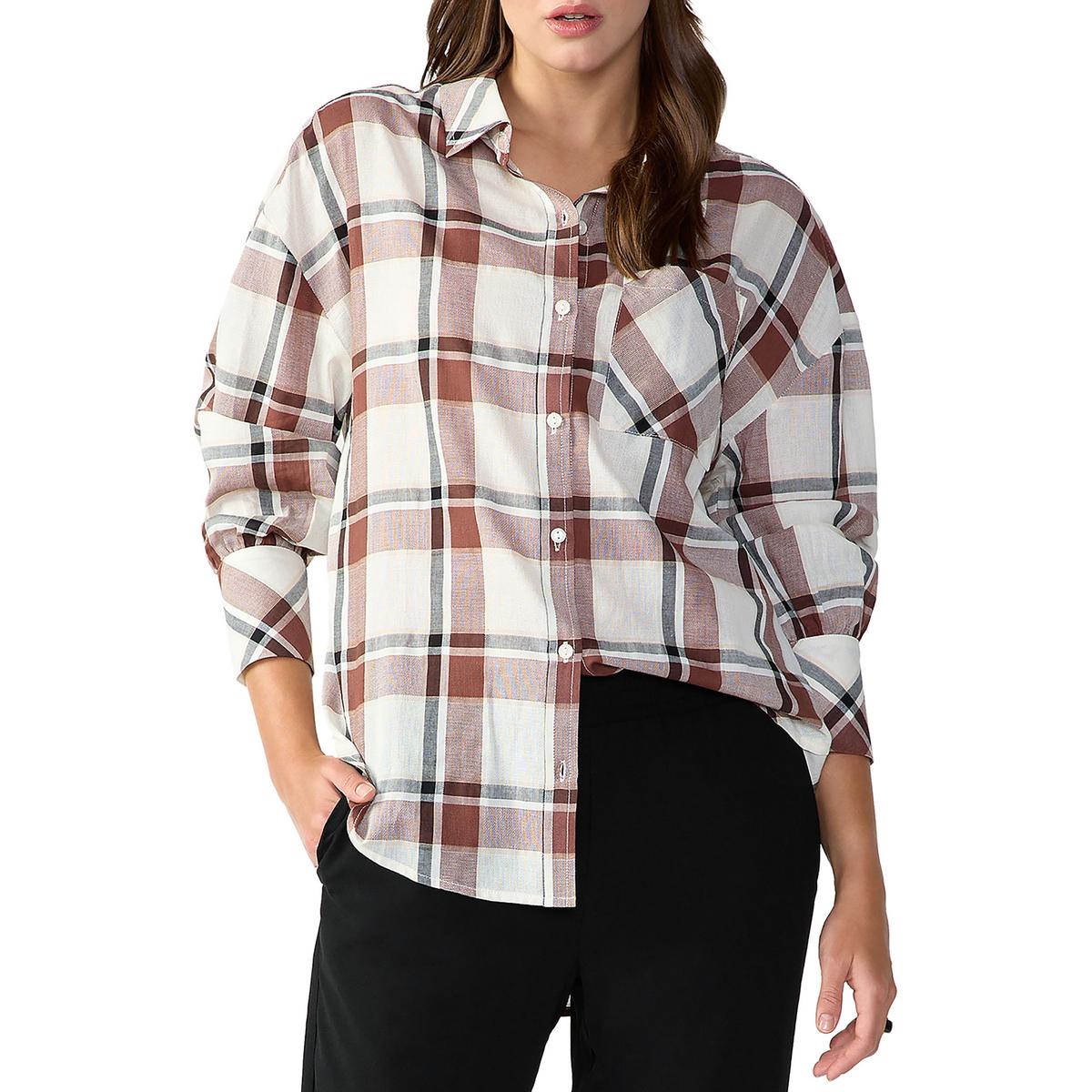 Womens Cotton Plaid Button-Down Top