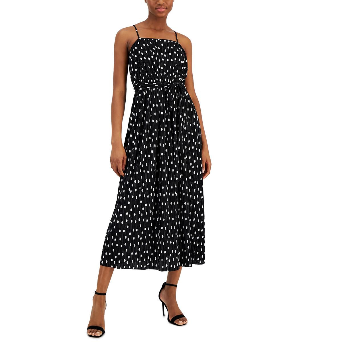 Womens Polka Dot Pleated Midi Dress