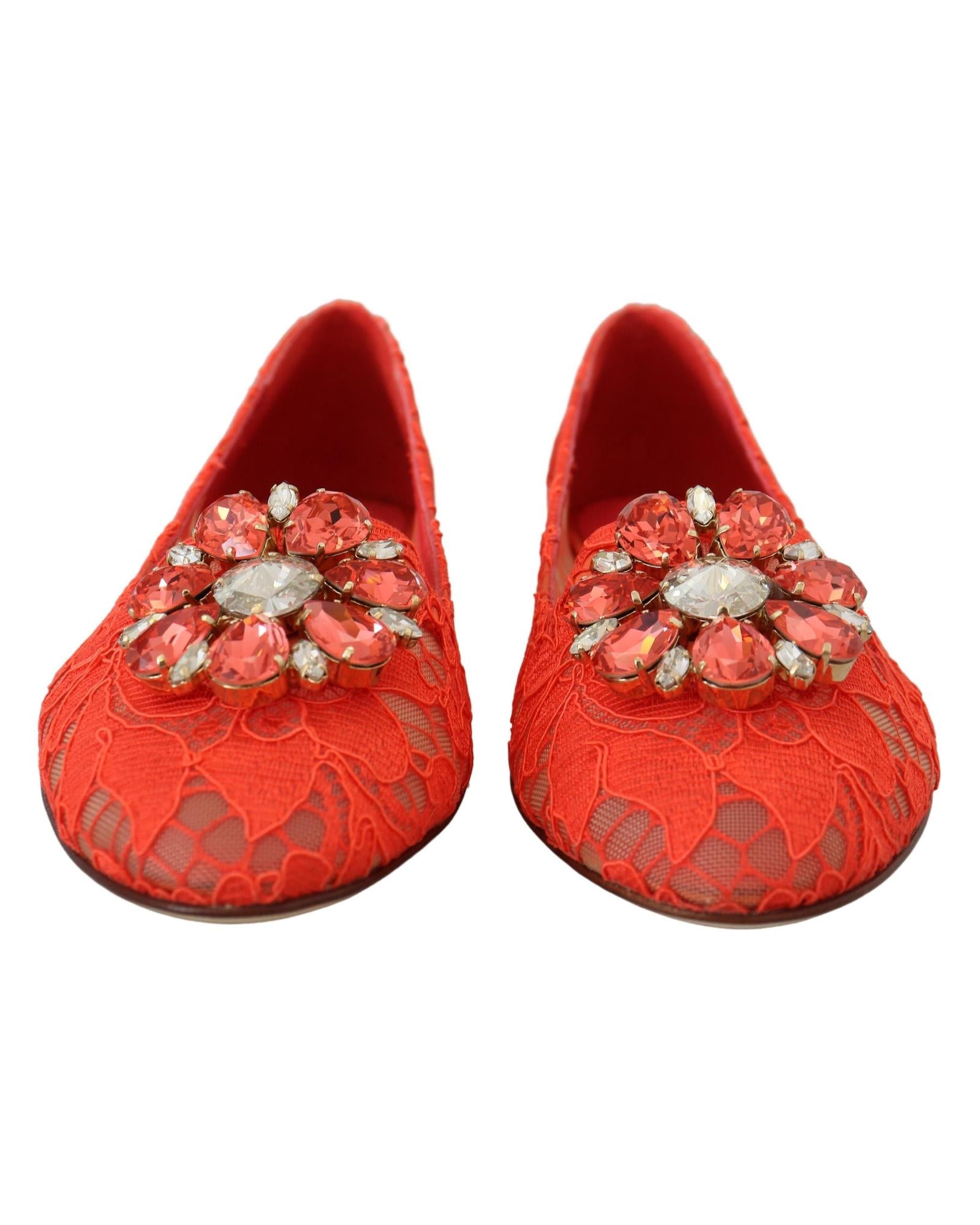 Dolce & Gabbana  Women's Orange Lace Ballerina Flats with Jewel Embellishment