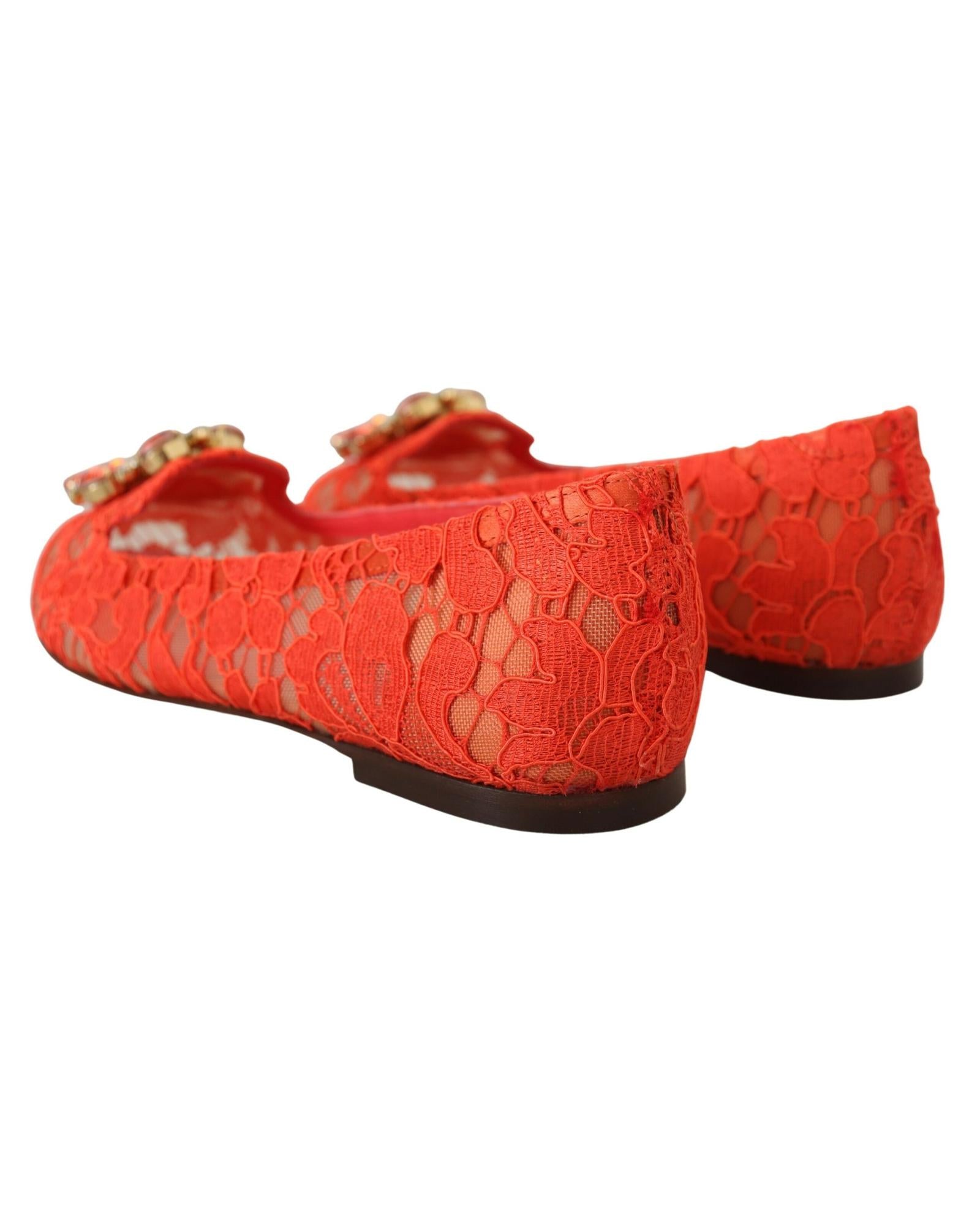 Dolce & Gabbana  Women's Orange Lace Ballerina Flats with Jewel Embellishment