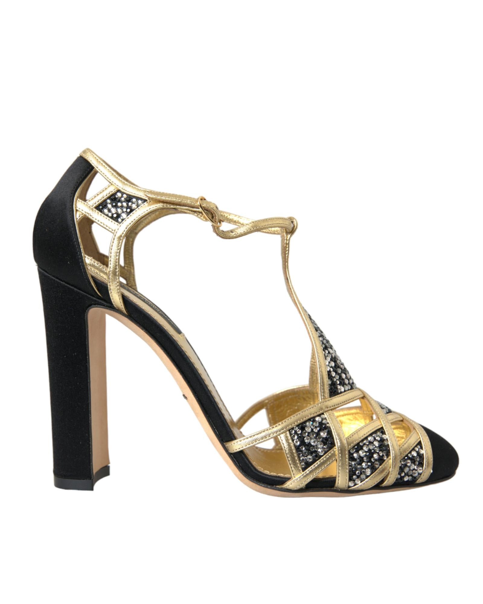 Dolce & Gabbana  Black Satin T-Strap Crystal Pumps