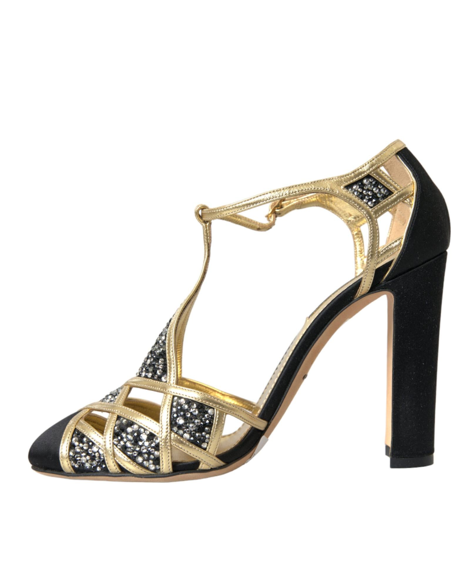 Dolce & Gabbana  Black Satin T-Strap Crystal Pumps