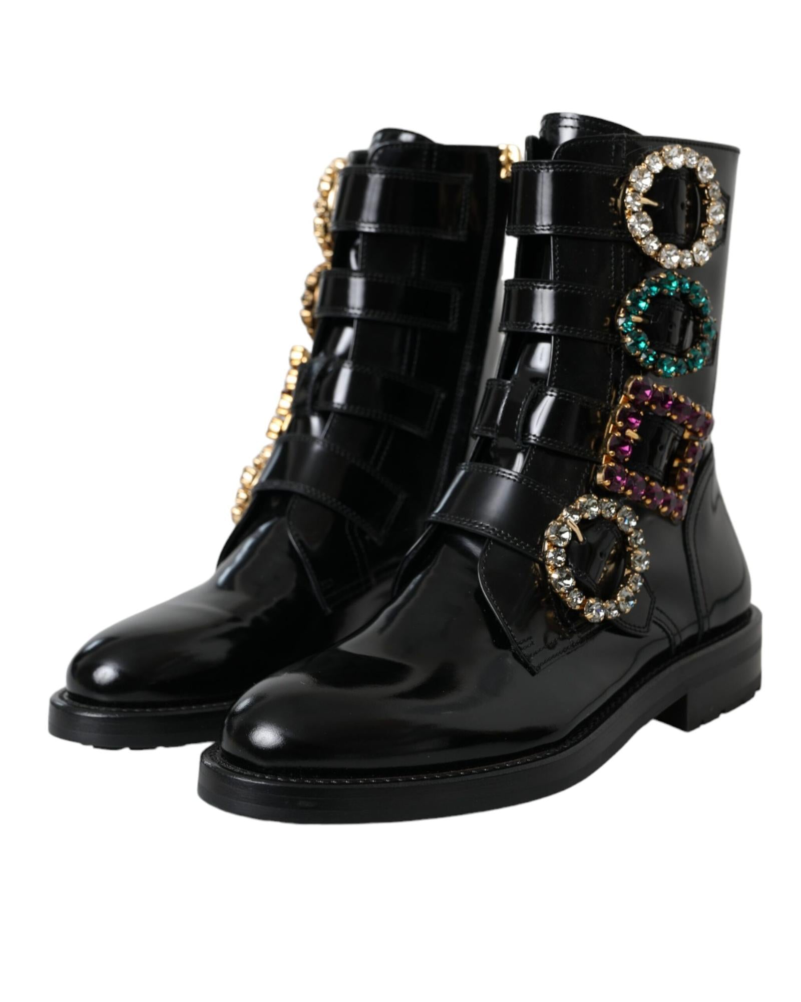 Dolce & Gabbana  Black Patent Leather Crystal Buckle Ankle Boots