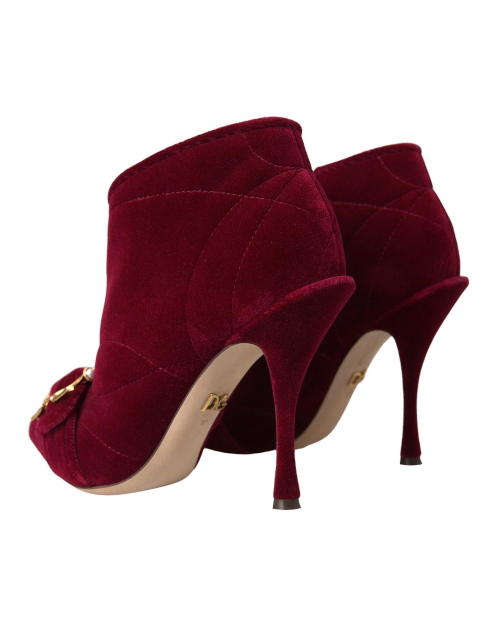 Dolce & Gabbana  Burgundy Velvet Ankle Boots with Gold Buckle Detail