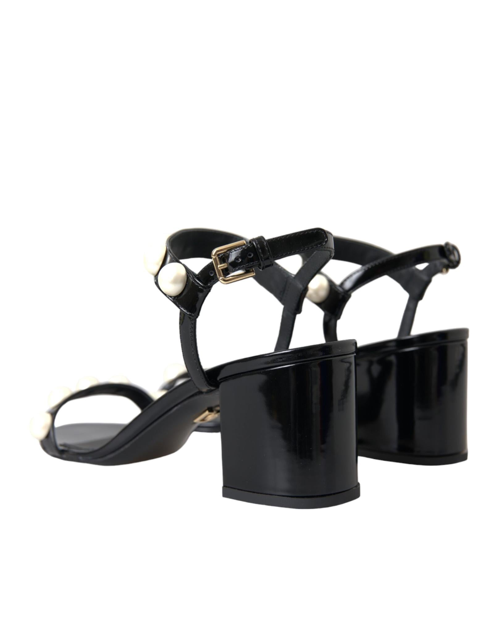 Dolce & Gabbana  Pearl Black Leather Block Heel Sandals