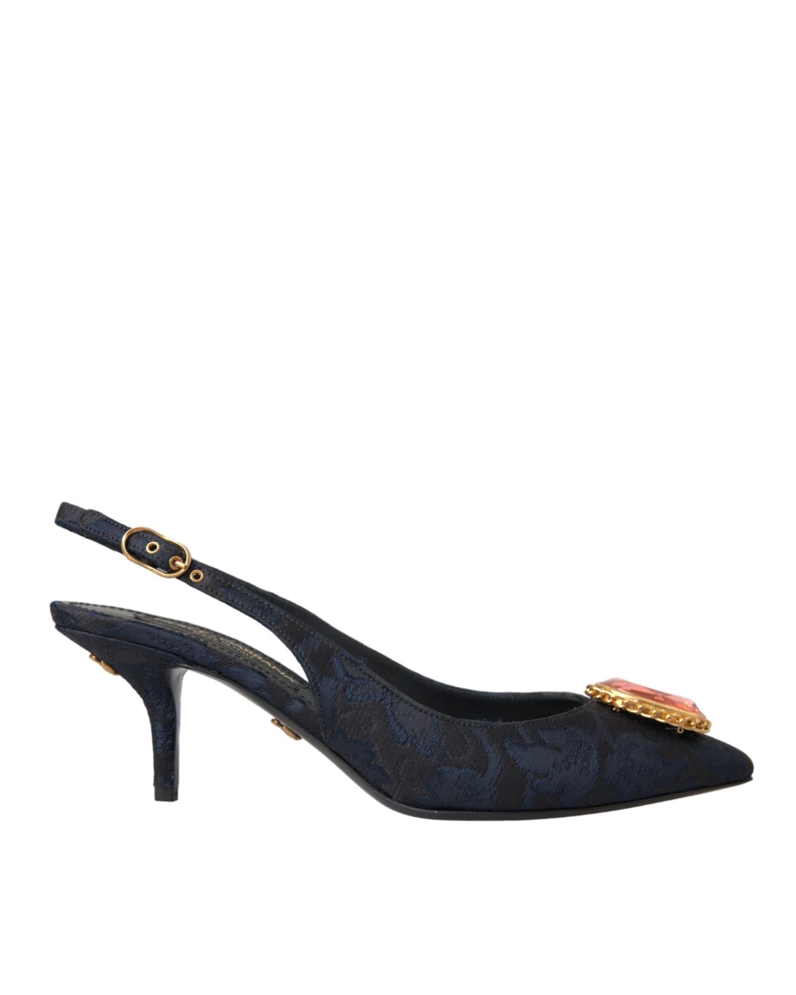 Dolce & Gabbana  Women's Slingback Pumps Blue Floral Fabric Pointed Toe Heart Embellishment