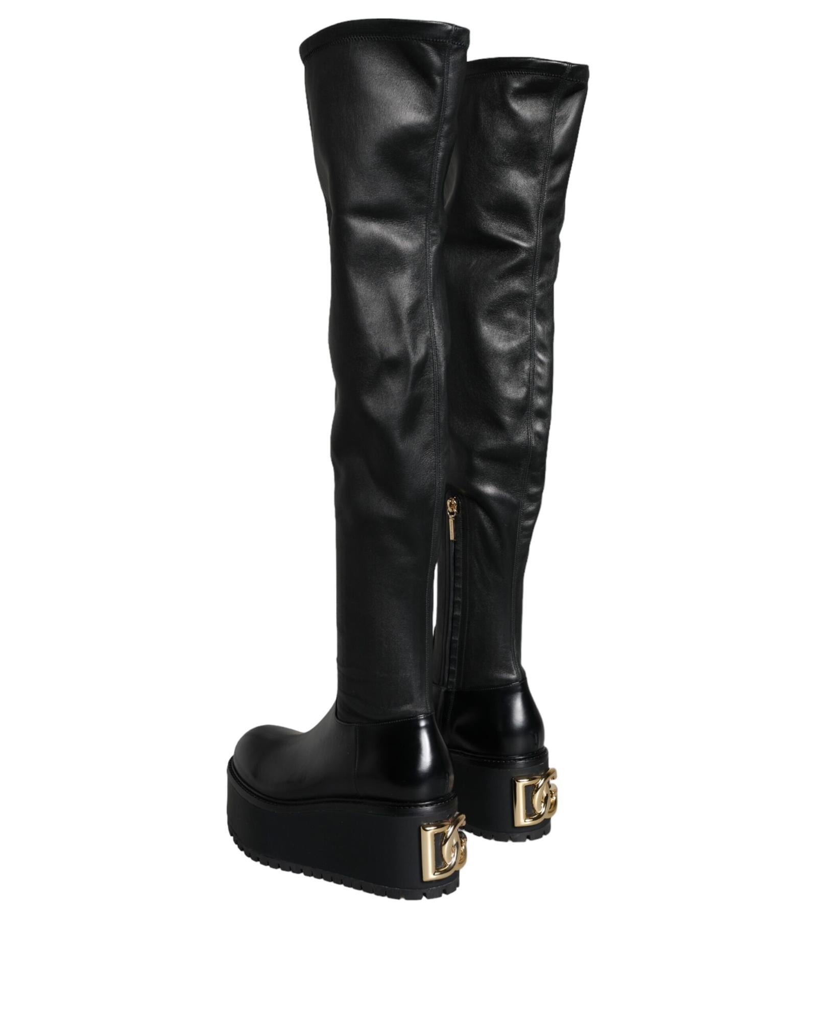 Dolce & Gabbana Leather Knee High Boots with Gold Logo Plaque