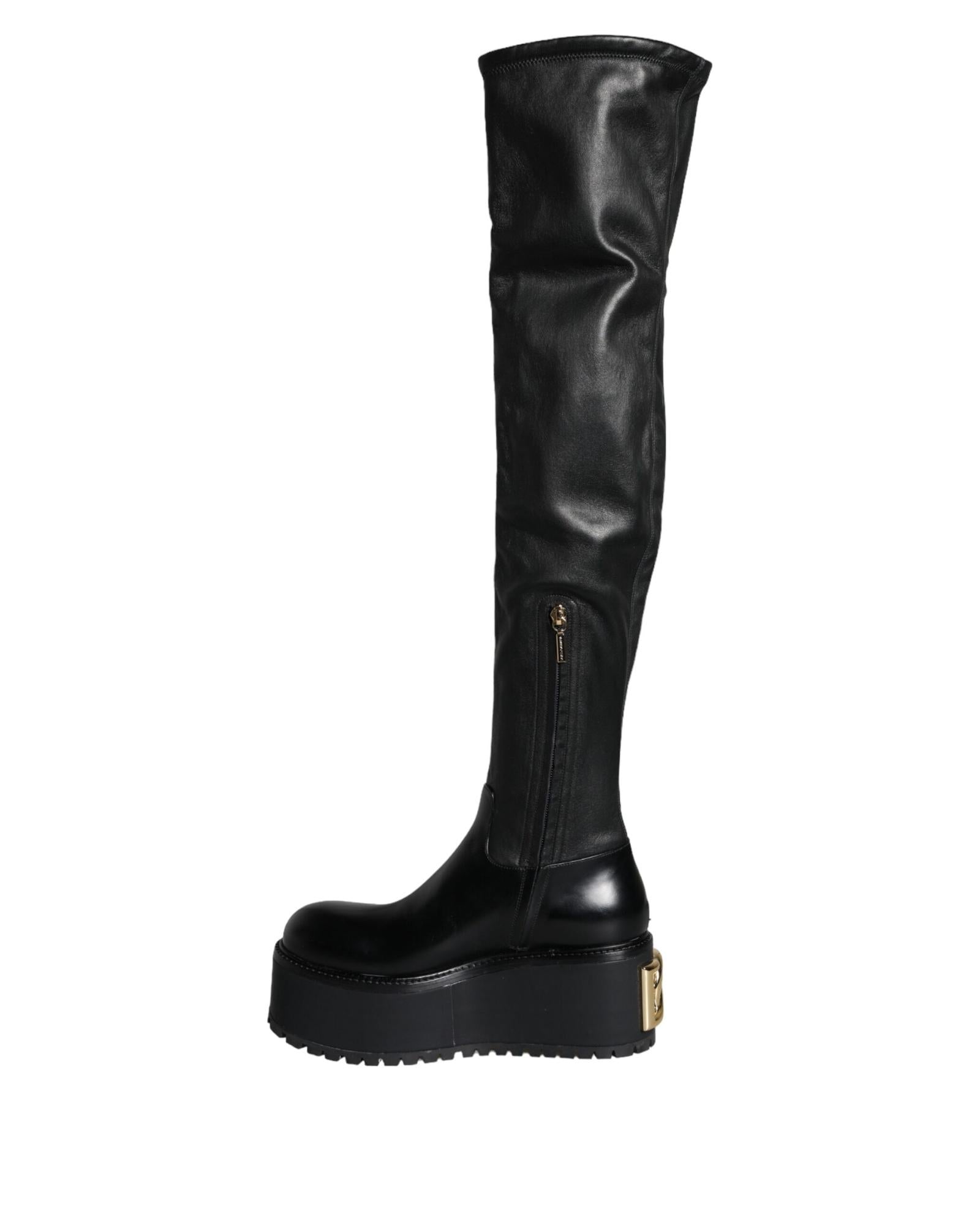 Dolce & Gabbana Leather Knee High Boots with Gold Logo Plaque