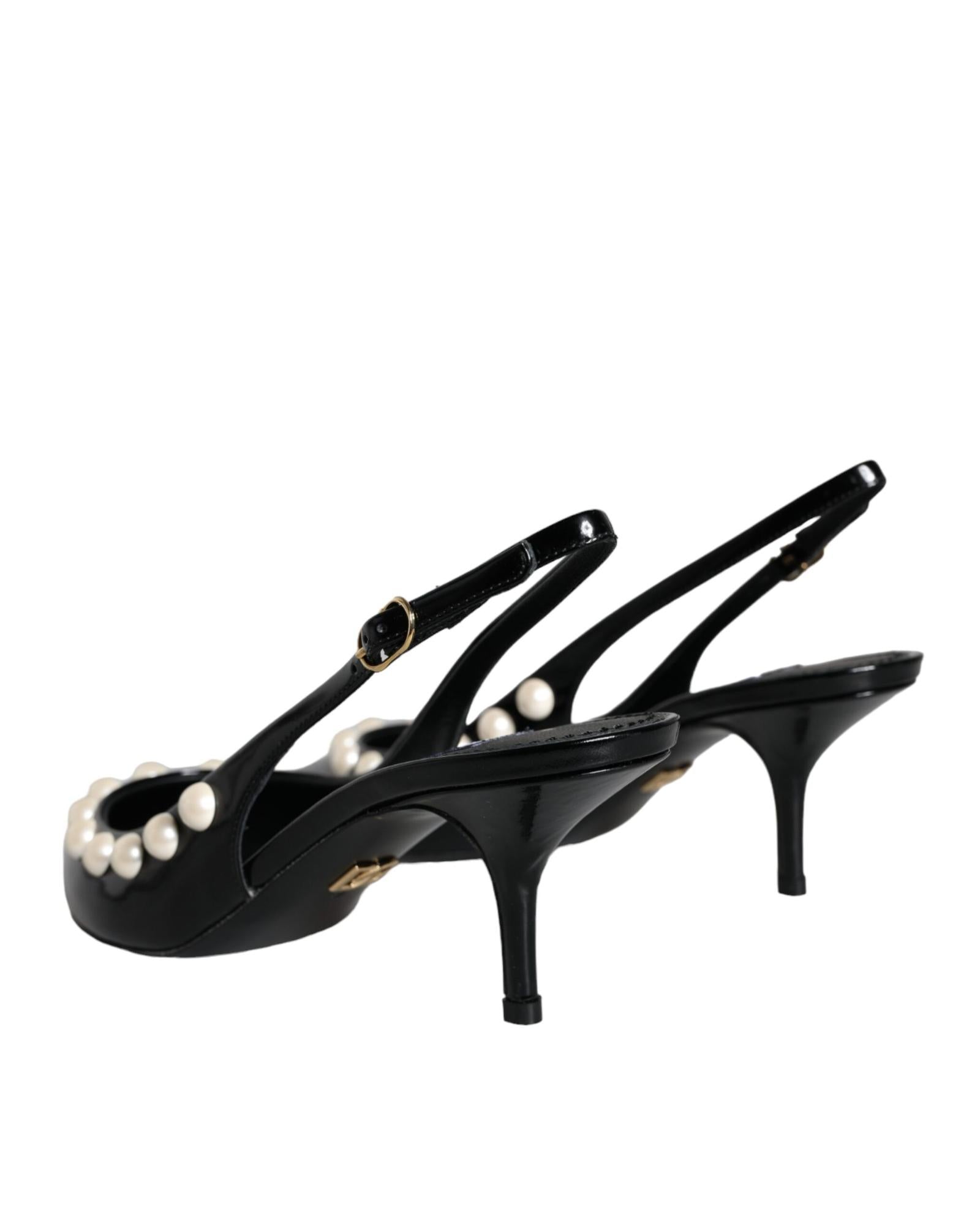 Dolce & Gabbana  Womens Black Patent Leather Slingback Pumps with Faux Pearls