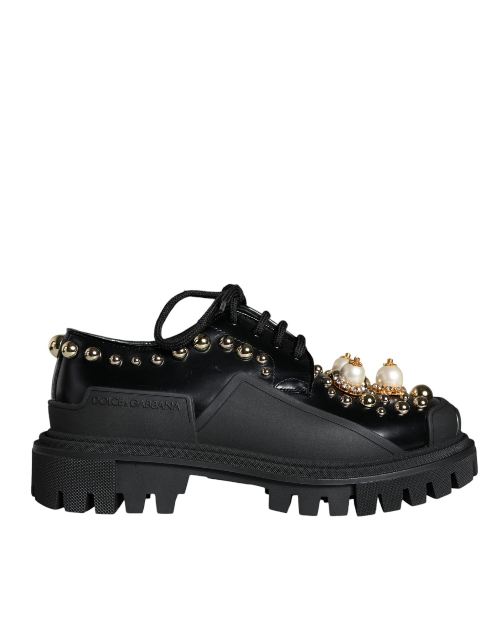 Dolce & Gabbana  Laceup Leather Oxford Shoes with Pearl Embellishment - Black