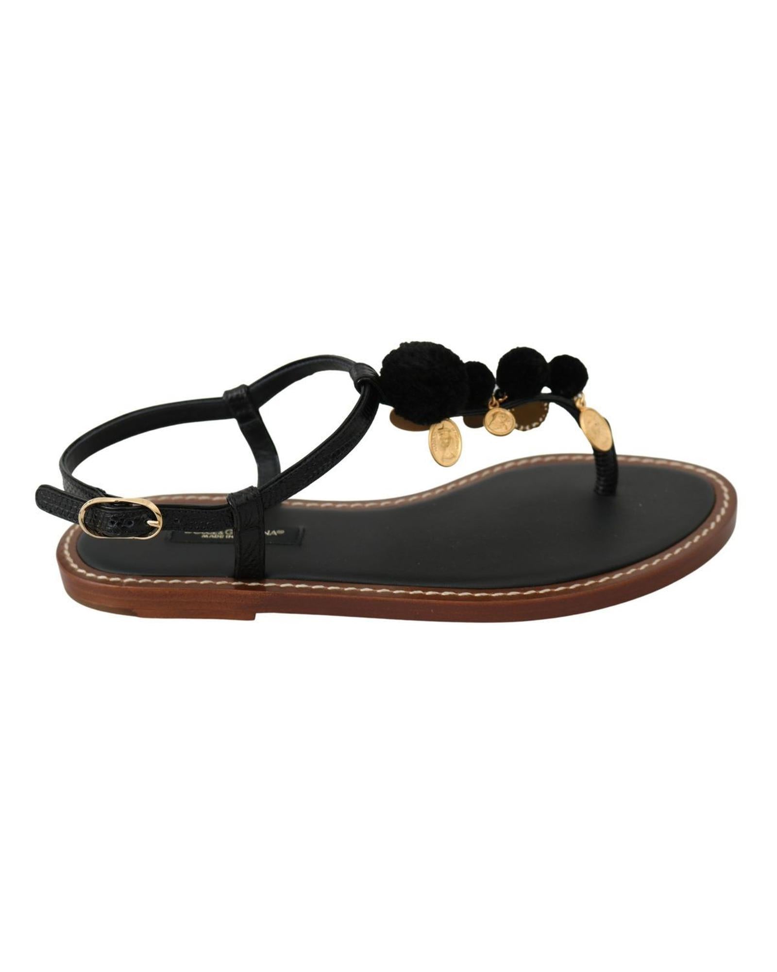 Dolce & Gabbana  Black Pom Pom Thong Sandals