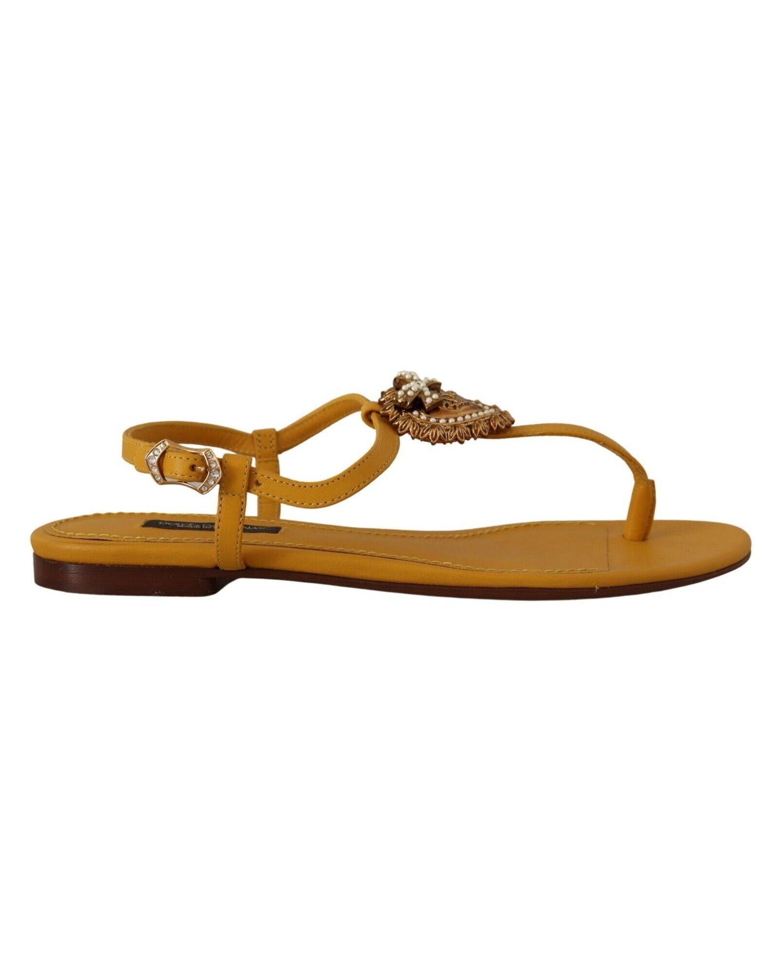 Dolce & Gabbana  Womens Leather Thong Sandals with Crystal Buckle - Yellow