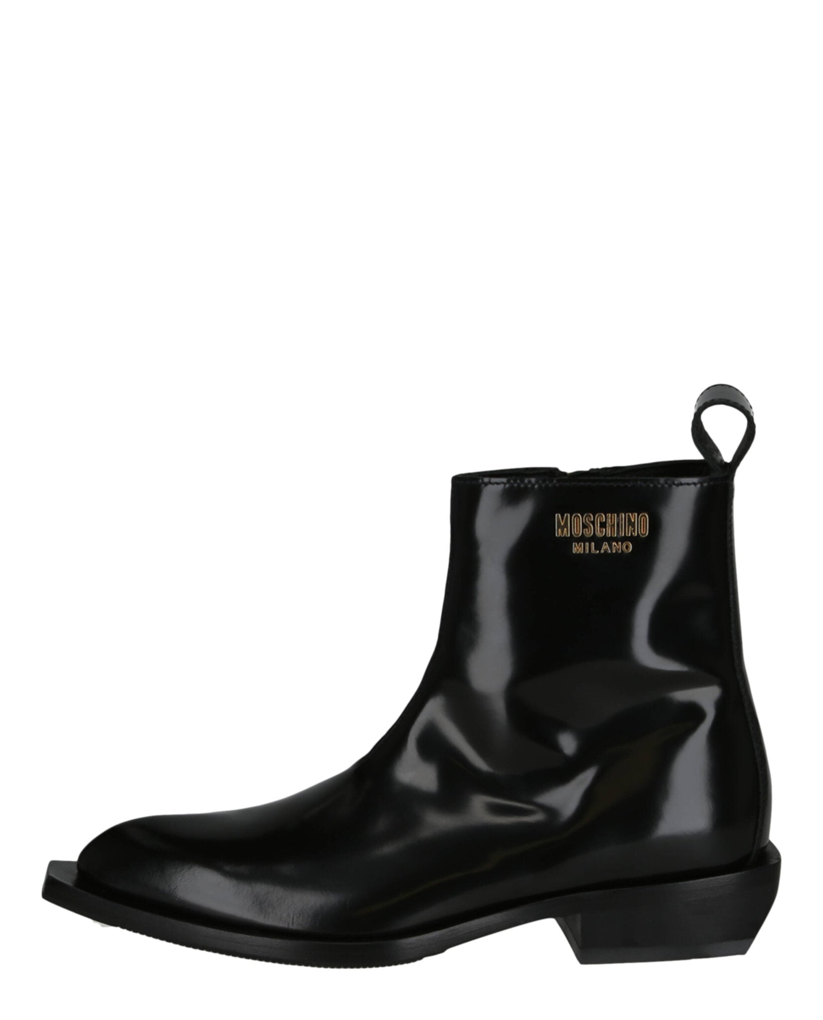 Moschino Mens Gold Lettering Logo Ankle Boots