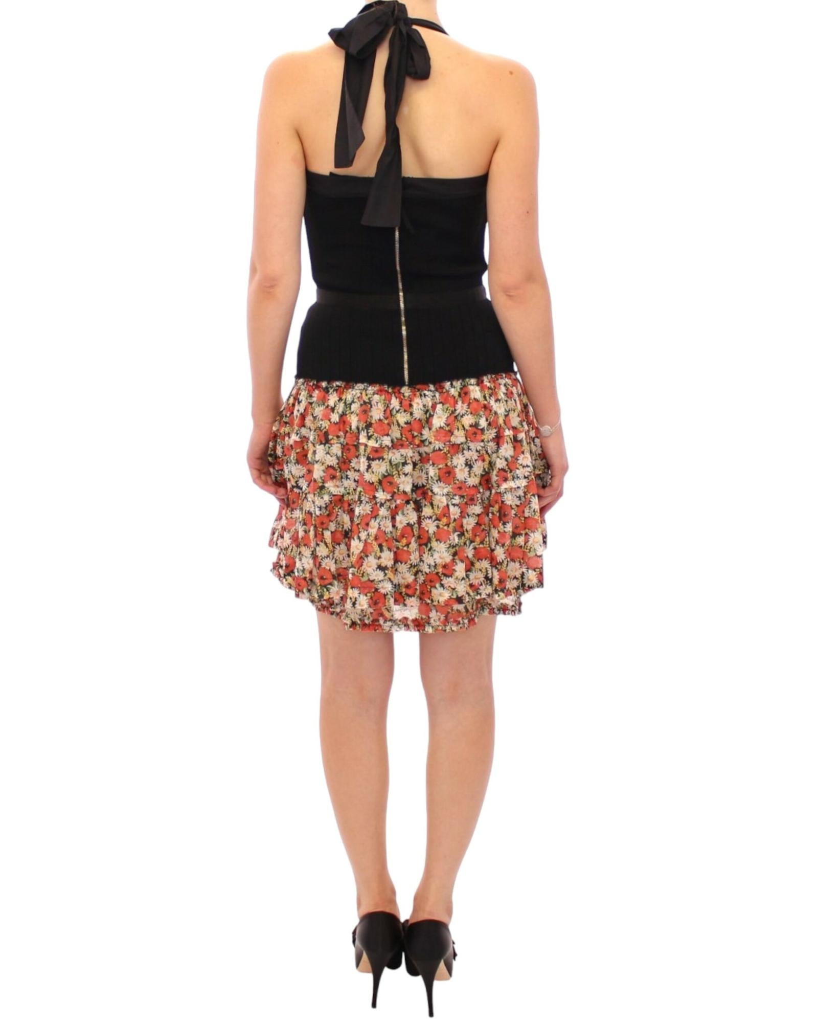 Dolce & Gabbana  Black Silk Sleeveless Dress with Floral Print Skirt