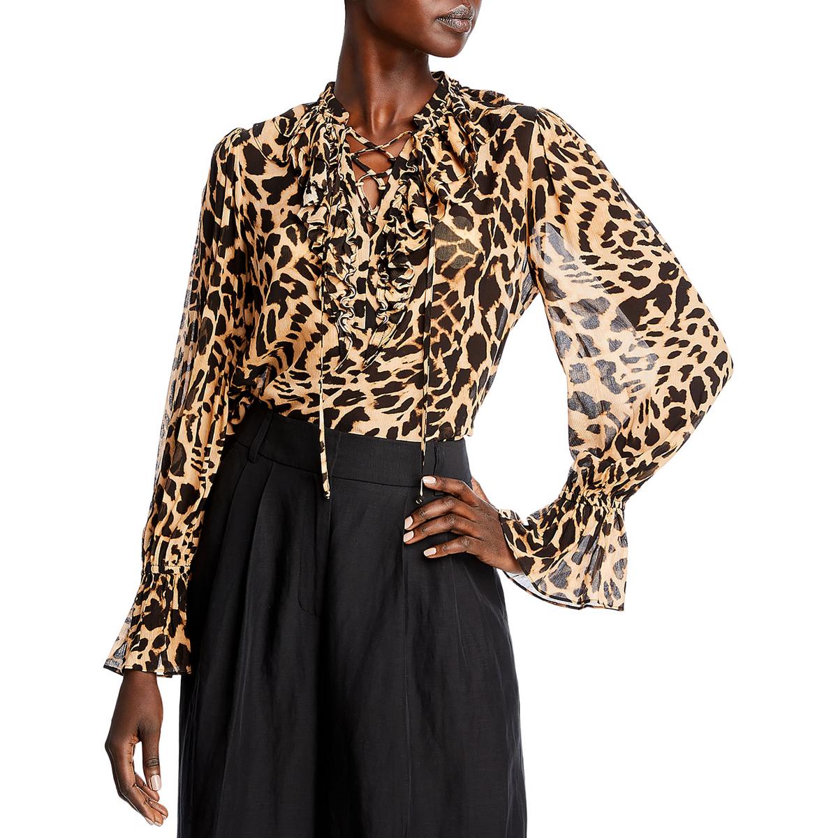 Womens Animal Print Lace Up Neckline Blouse