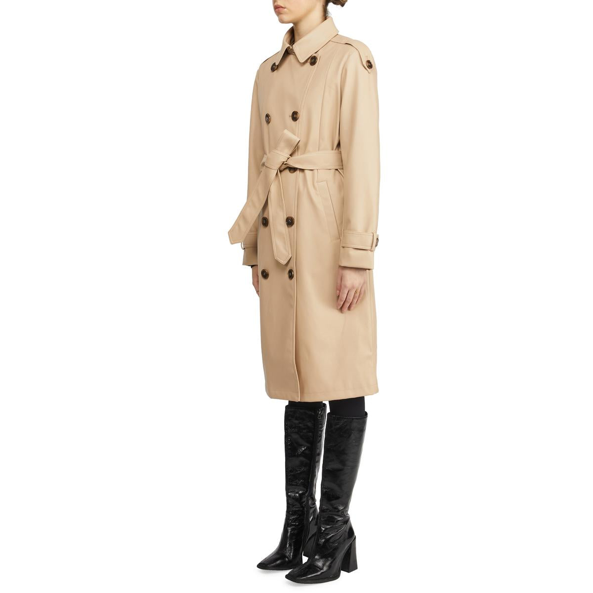 Womens Faux Leather Midi Trench Coat