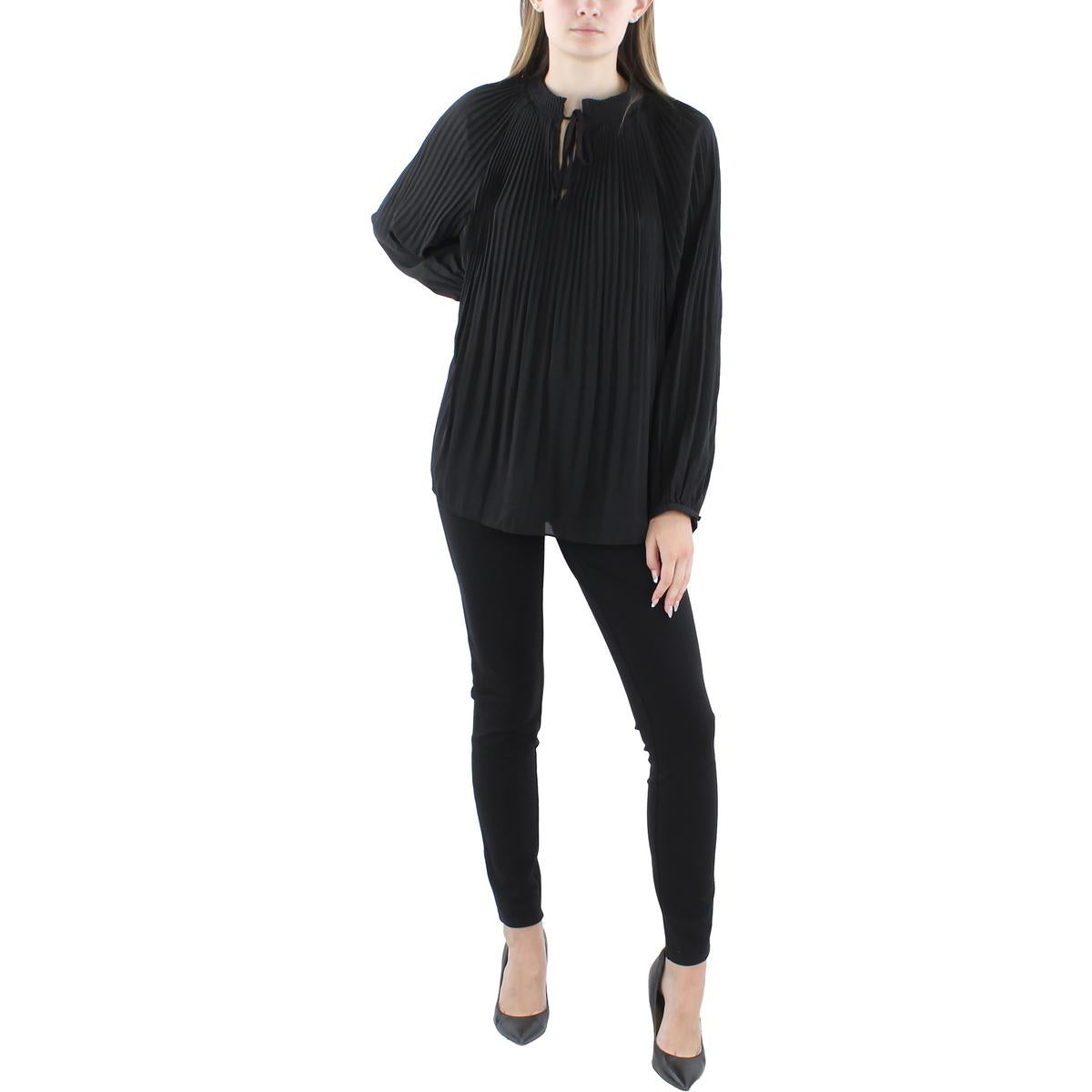 Womens Shutter Pleat Tie Neck Blouse