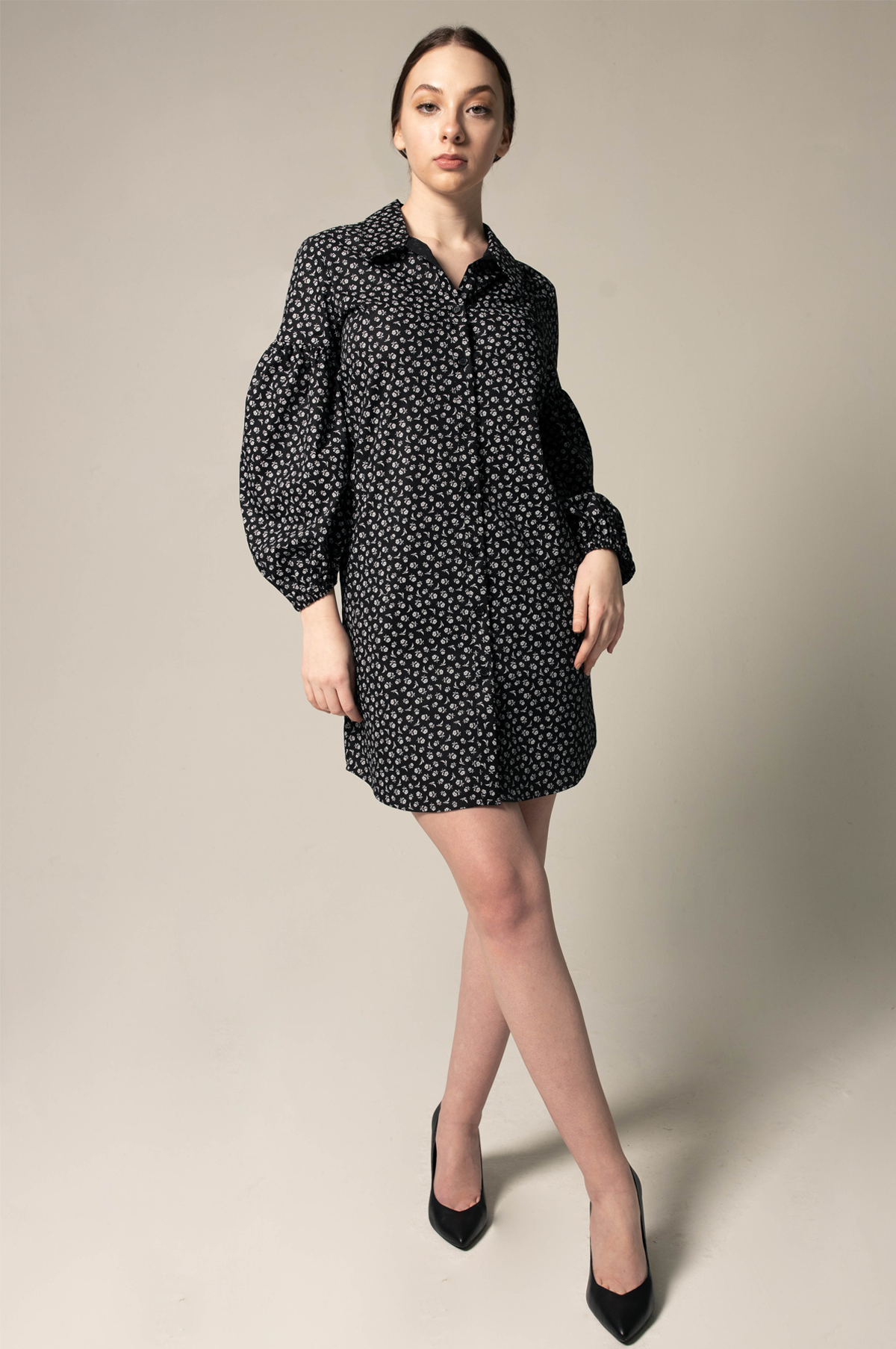 The Black Floral Shirt Dress in Italian Cotton with Oversized Sleeves1