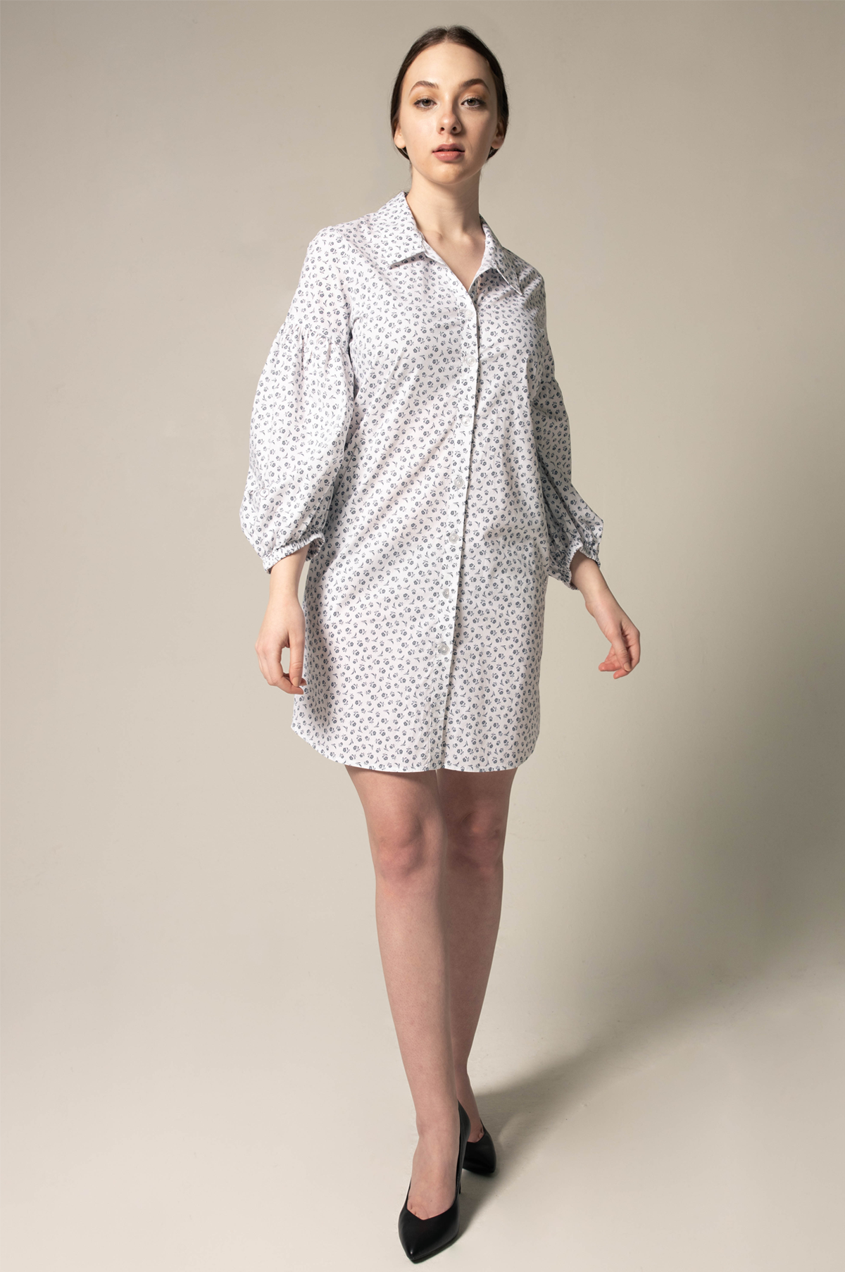 Shirt Dress with Oversized Sleeves in White Floral2