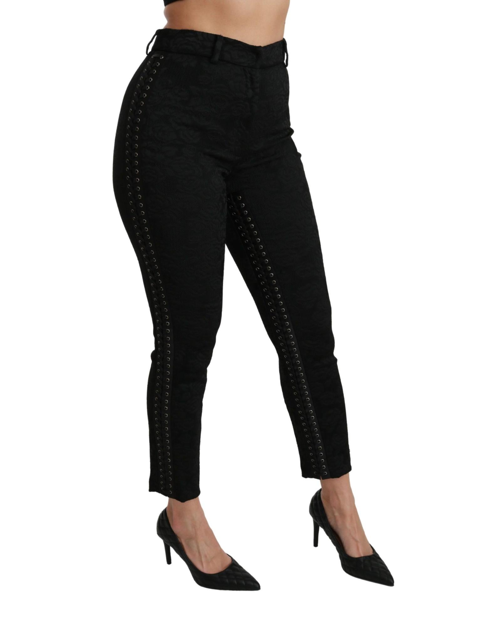 Dolce & Gabbana  Black Stretch Cotton Trousers with Leather Detail