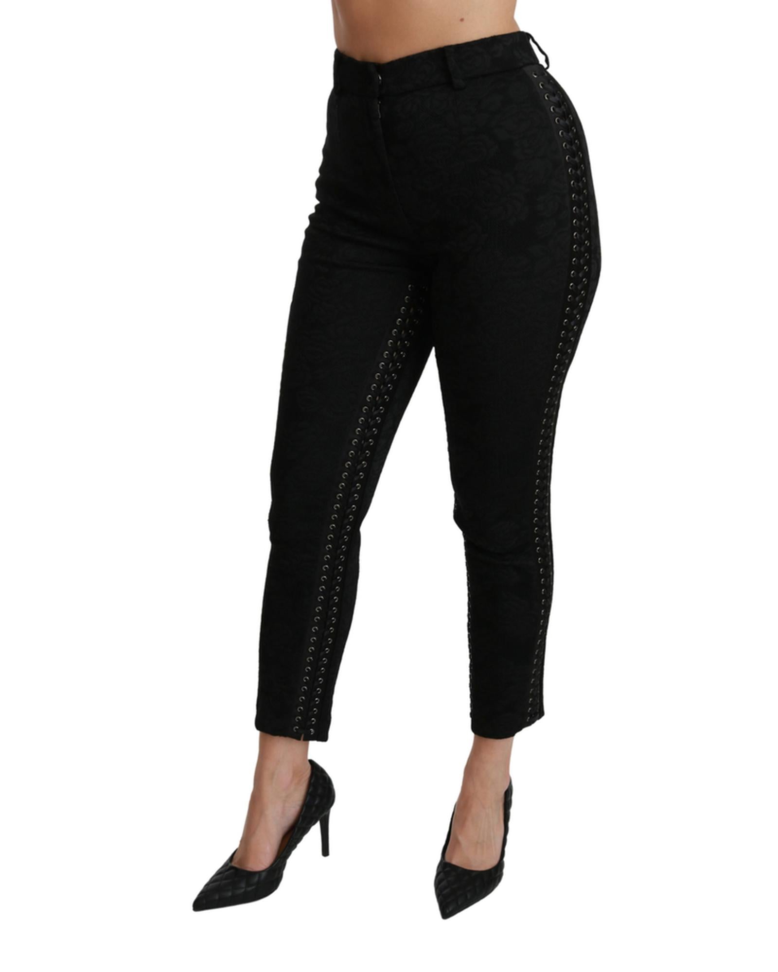 Dolce & Gabbana  Black Stretch Cotton Trousers with Leather Detail