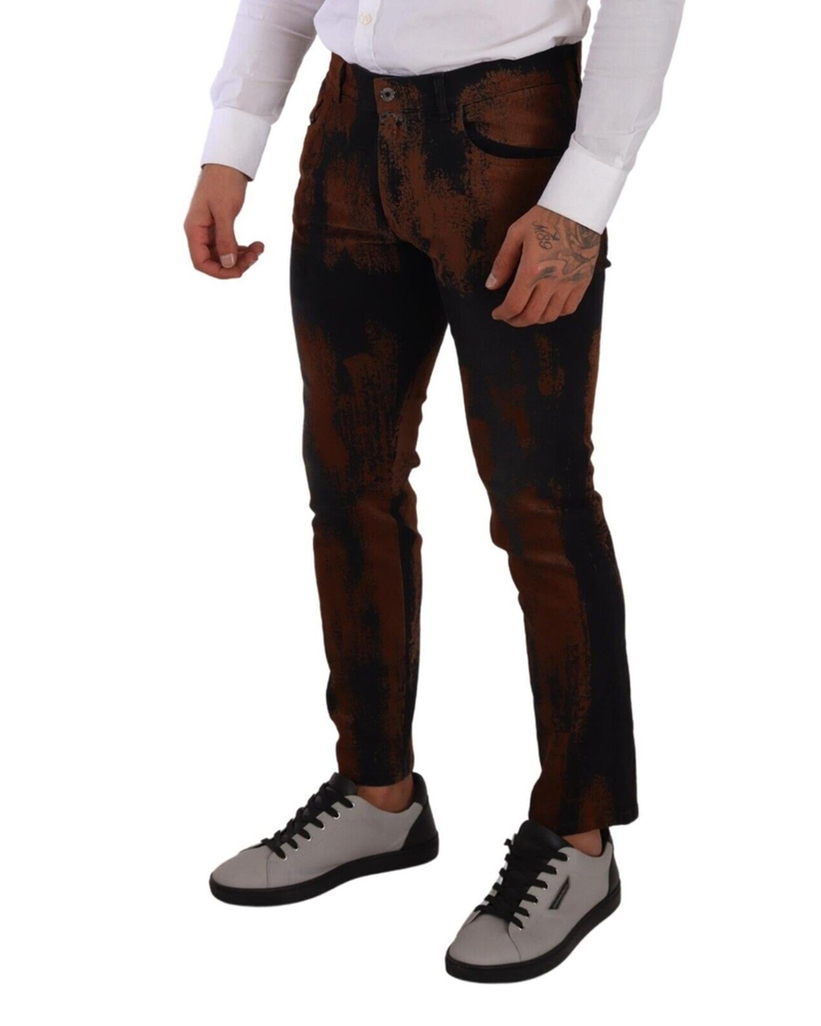 Dolce & Gabbana  Men's Brown and Black Paint Splatter Skinny Fit Jeans