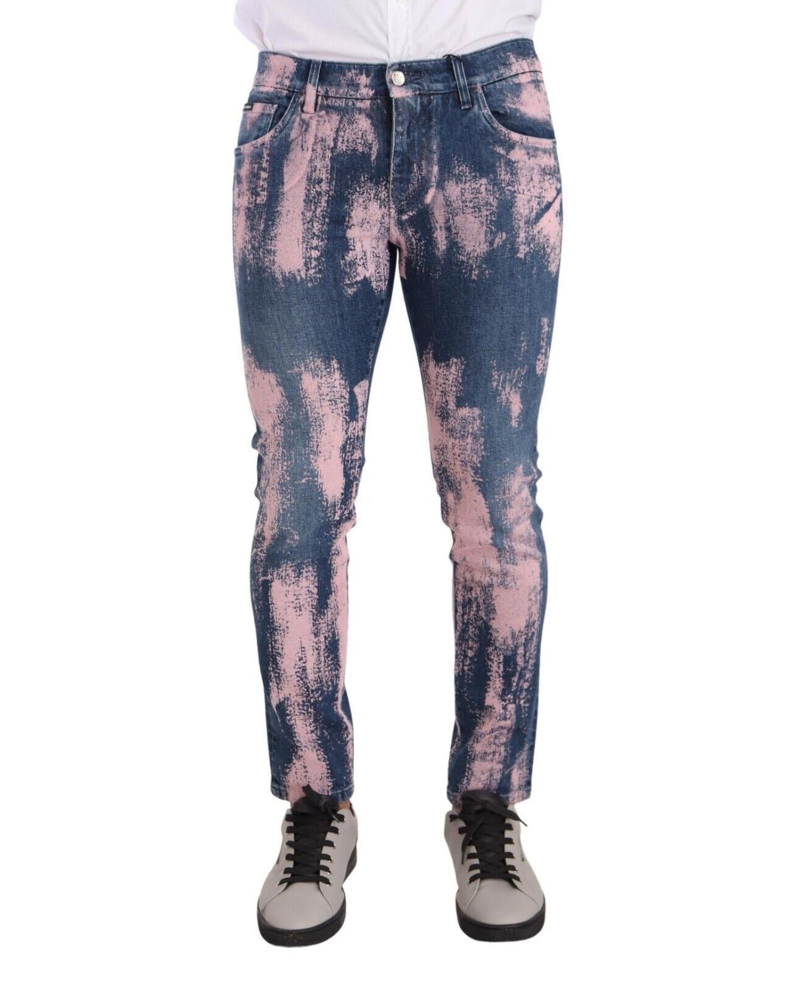 Dolce & Gabbana  Mens Skinny Fit Jeans in Blue with Pink Paint Splatter