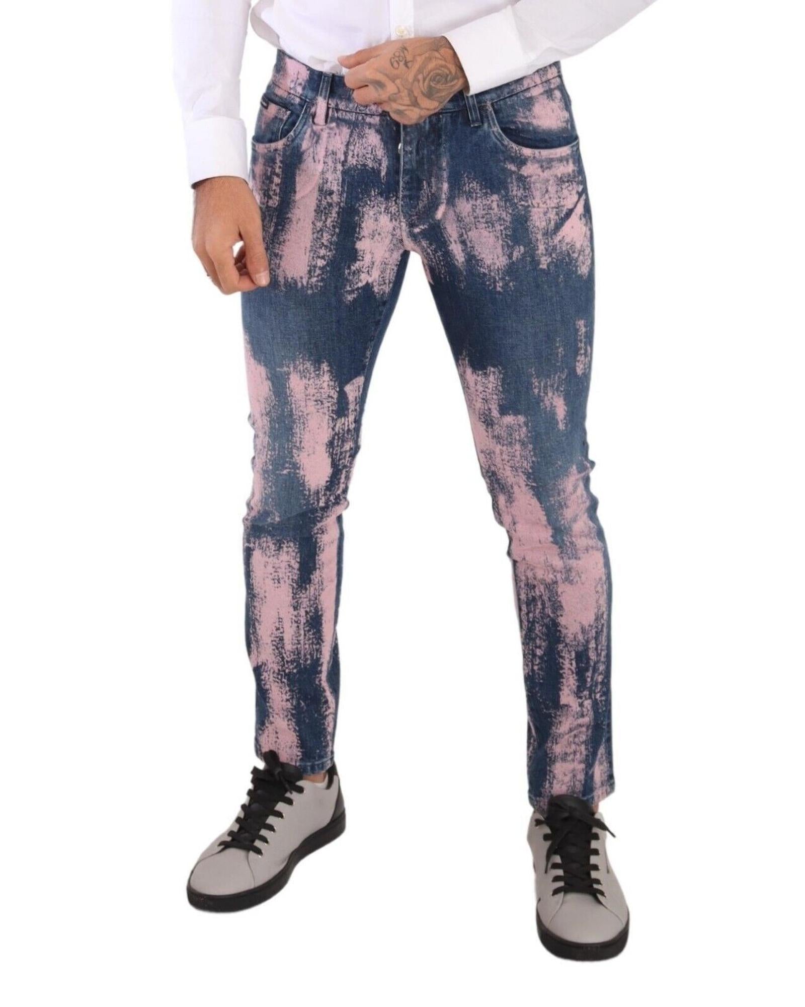 Dolce & Gabbana  Mens Skinny Fit Jeans in Blue with Pink Paint Splatter