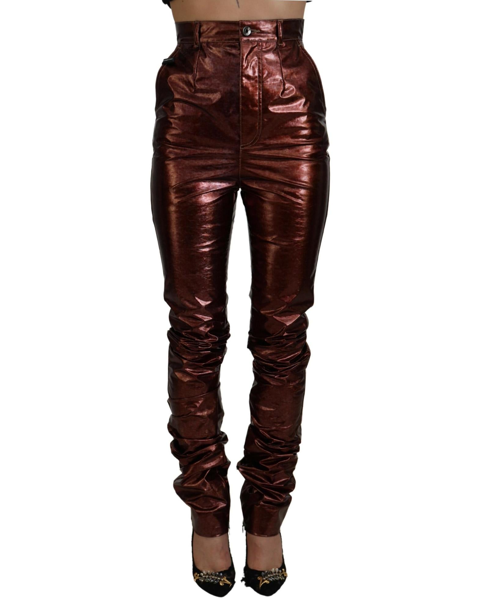 Dolce & Gabbana  Women's High Waist Skinny Fit Leather Jeans - Burgundy