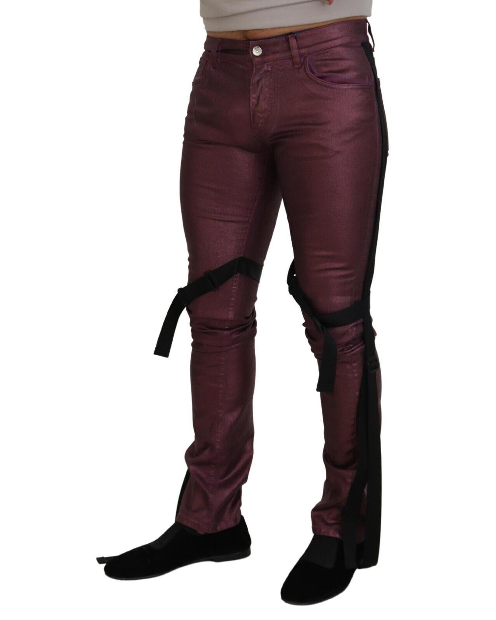 Dolce & Gabbana  Men's Burgundy Metallic Skinny Jeans with Straps