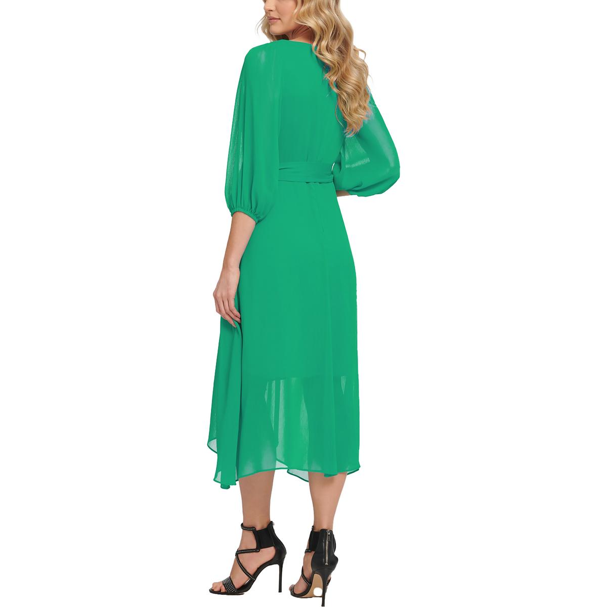 Womens Chiffon Faux-Wrap Midi Dress