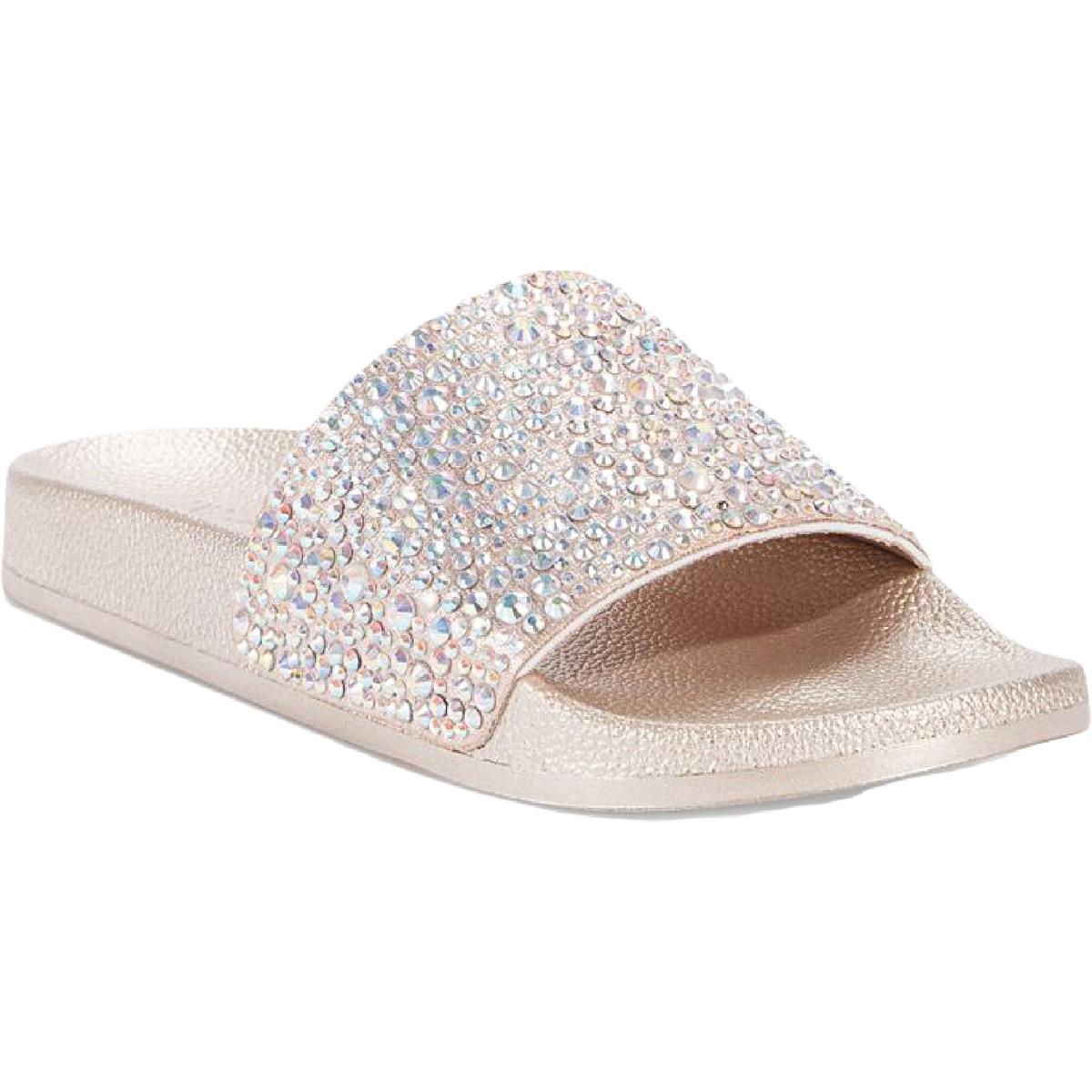 Peymin  Womens Rhinestone Slip On Pool Slides