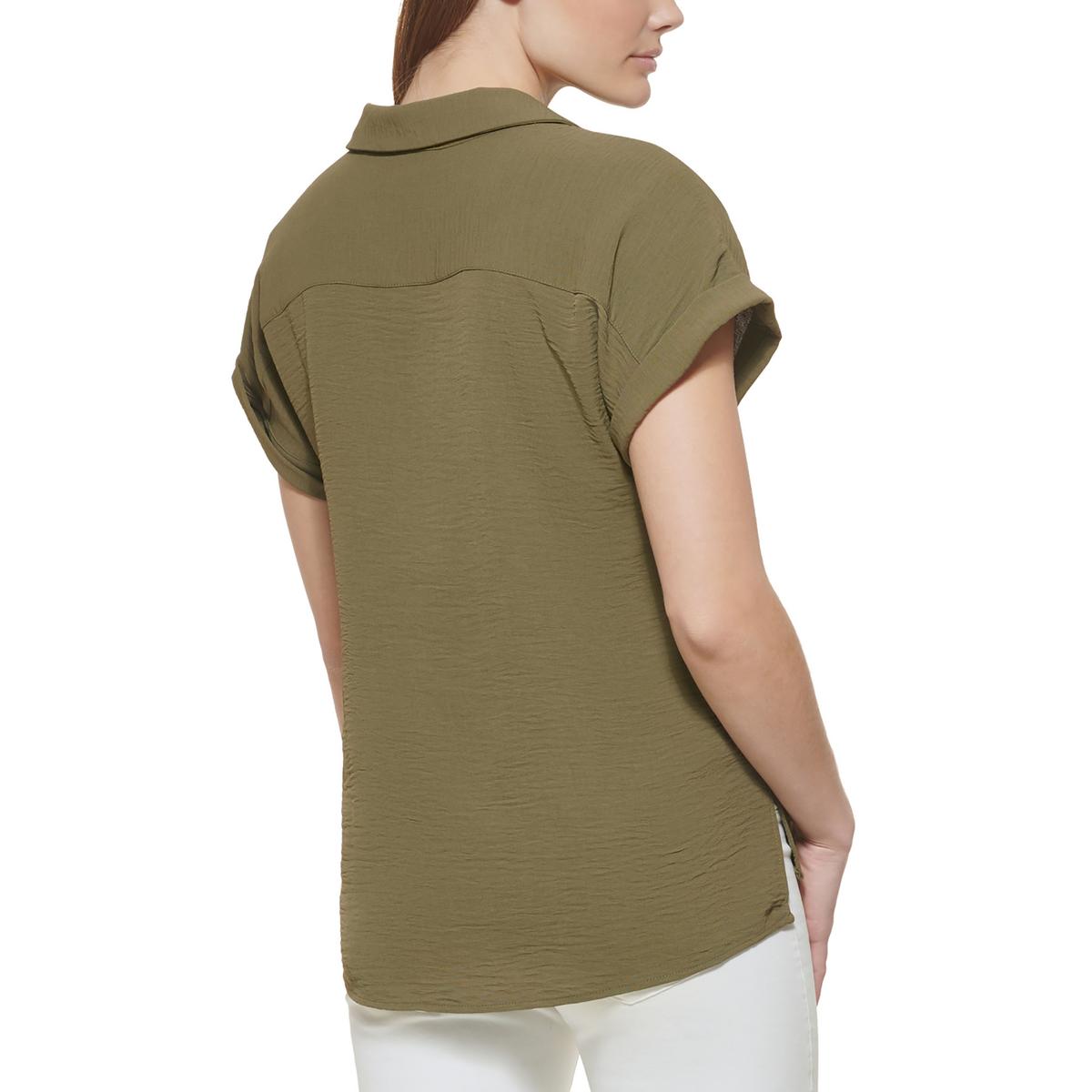 Womens Collared Solid Button-Down Top