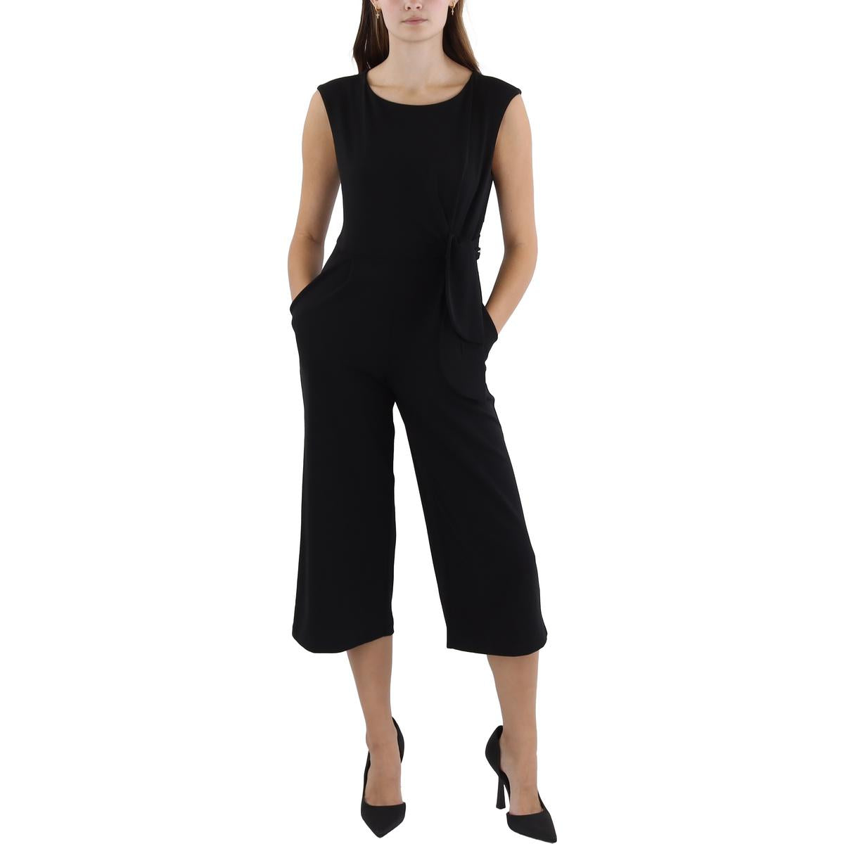 Petites Womens Wide Leg Office Jumpsuit