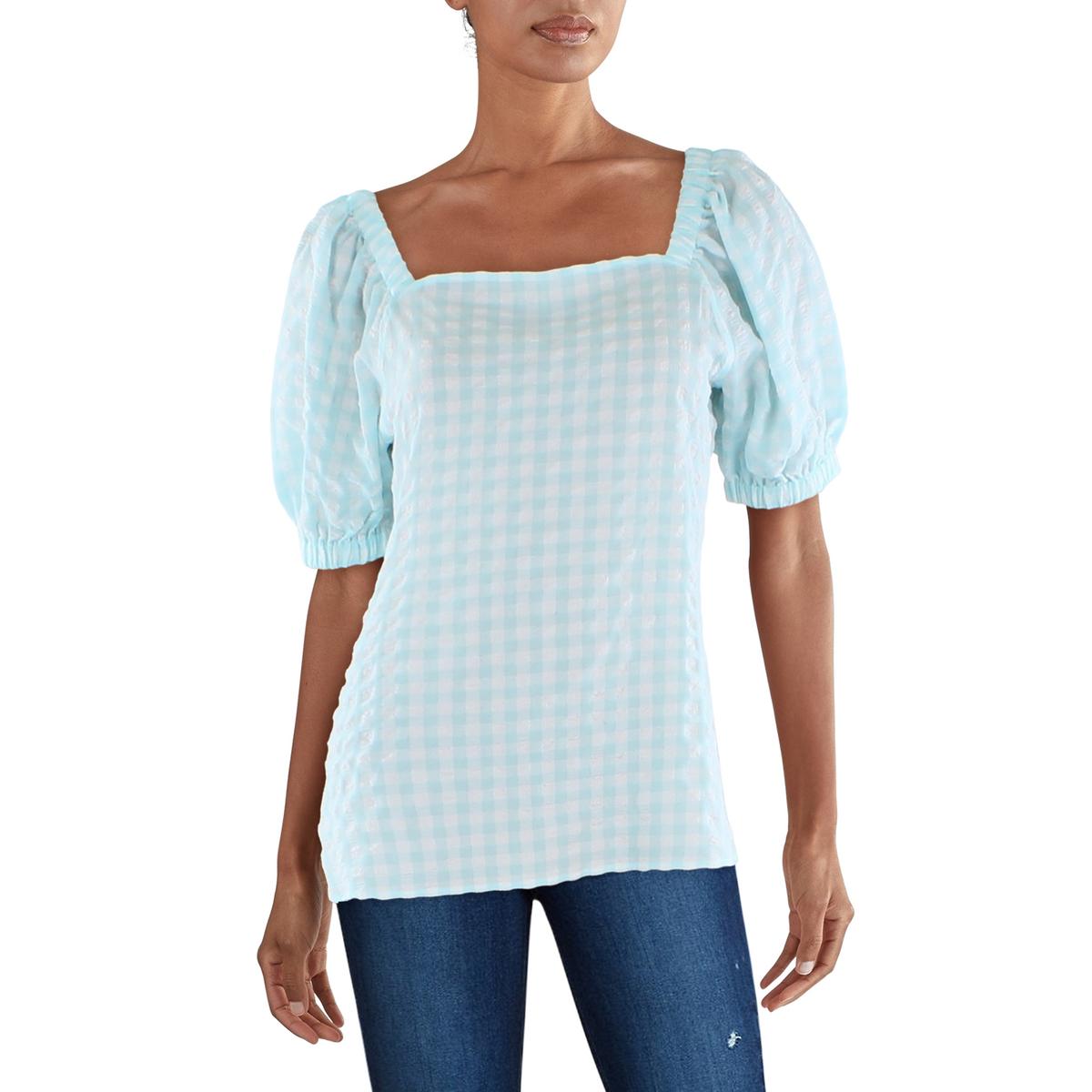 Womens Checkered Square-Neck Pullover Top