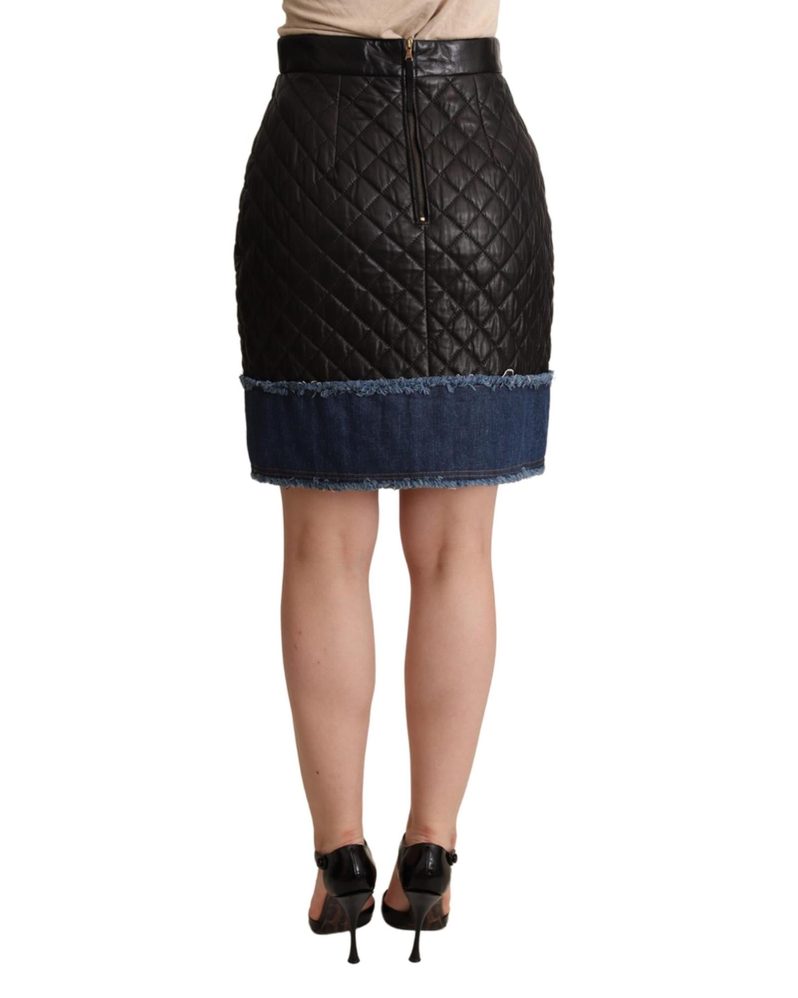 Dolce & Gabbana  Quilted Leather Mini Skirt with Denim Trim - Black